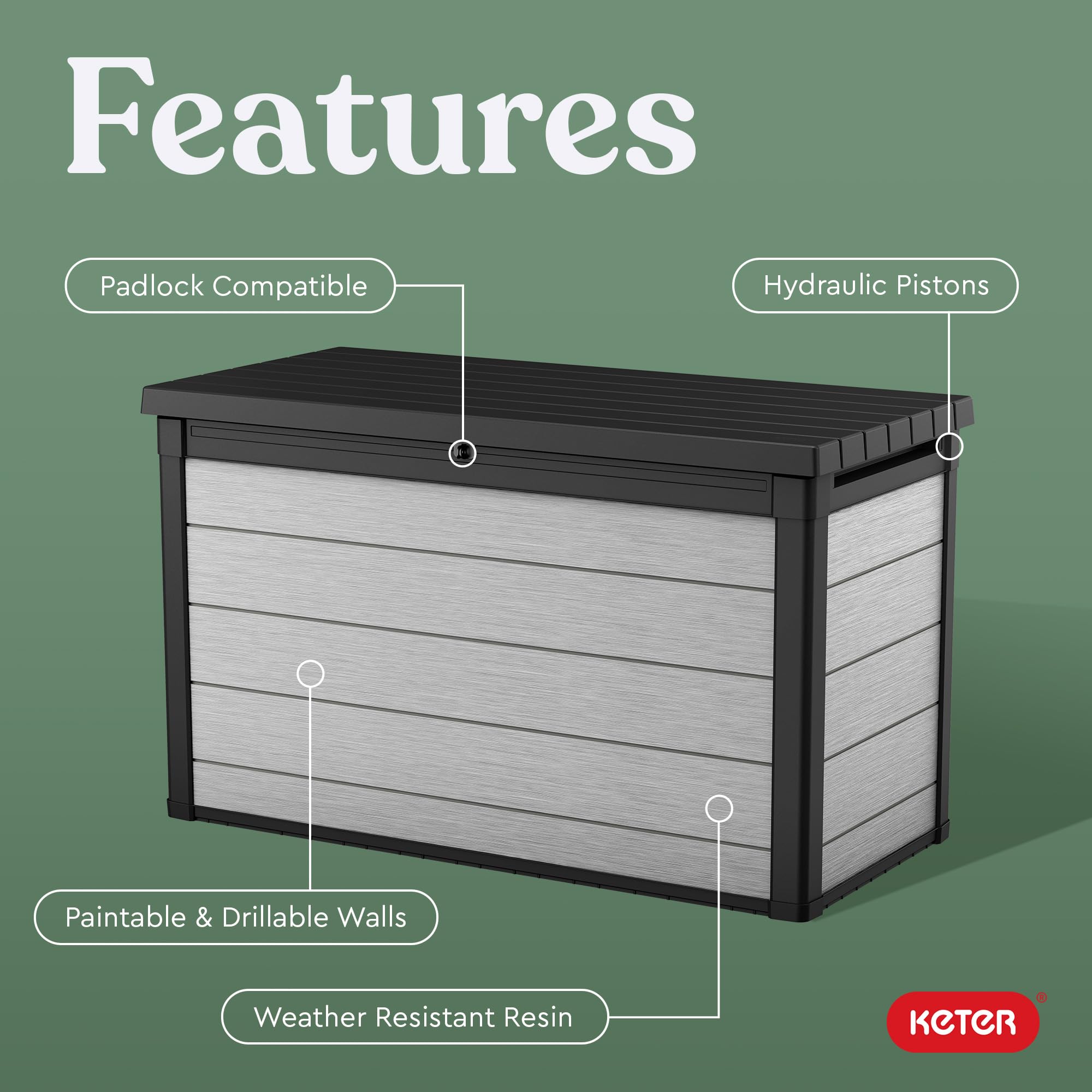 Keter 200 Gallon Denali Resin Large Deck Box with Double Wall 20mm Panels - Paintable and Drillable-Organization and Storage for Patio Furniture and Outdoor Items, Grey & Black