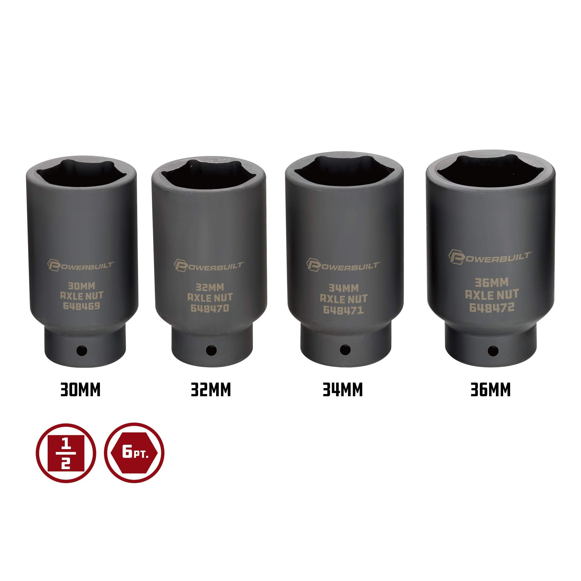 4 Piece Powerbuilt Axle Nut Socket Set, 30mm 32mm 34mm 36mm Axle Nut Socket, Tools for Removing Front Wheel Axle Nuts, Foreign Vehicles - 648635