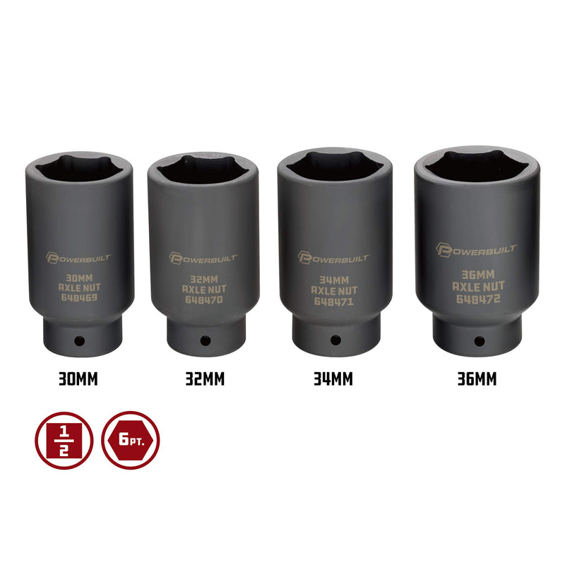 4 Piece Powerbuilt Axle Nut Socket Set, 30mm 32mm 34mm 36mm Axle Nut Socket, Tools for Removing Front Wheel Axle Nuts, Foreign Vehicles - 648635