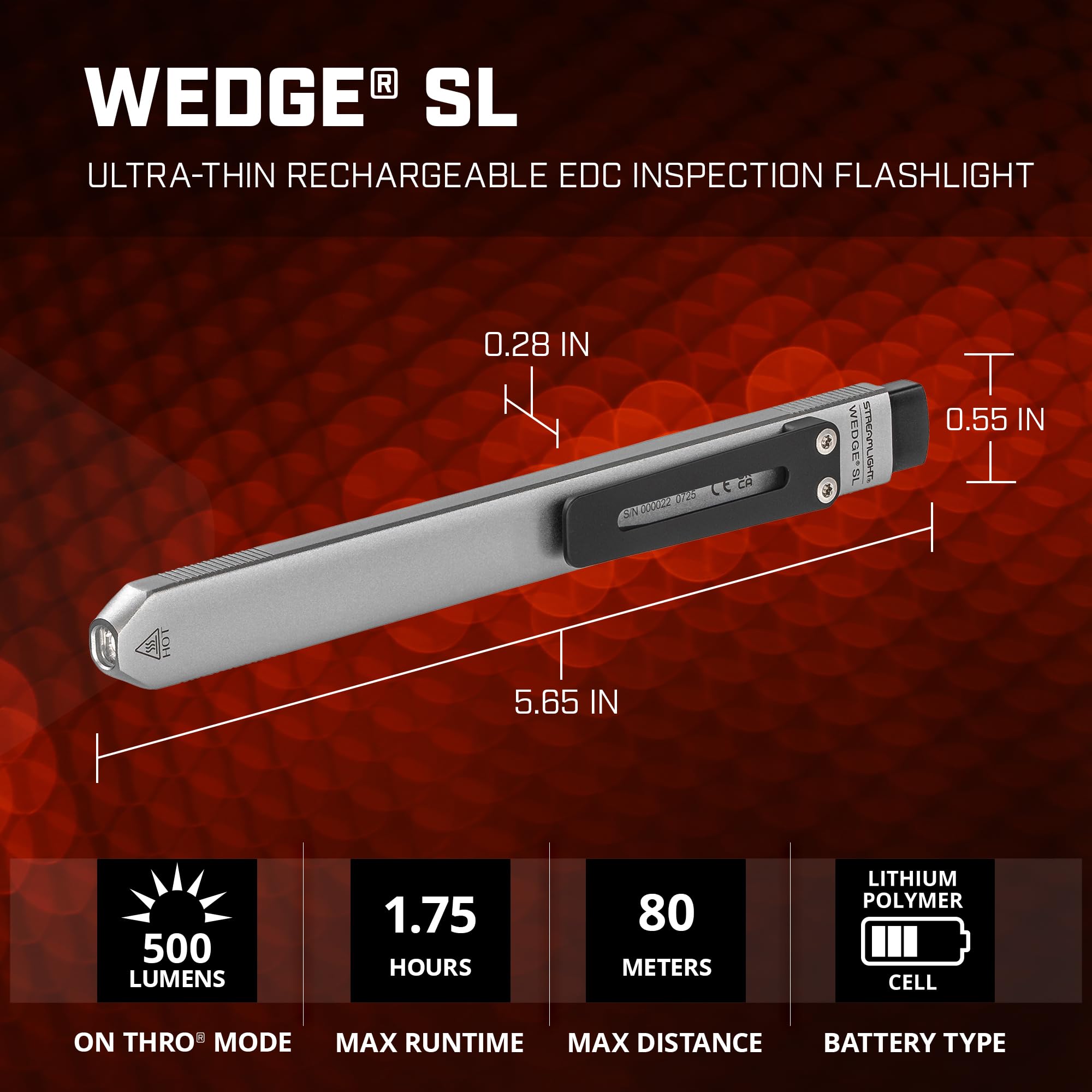 Wedge SL Streamlight 88842 500-Lumen Max 100-Lumen Standard 1,600-Candela Ultra-Thin Rechargeable EDC Inspection LED Flashlight, Silver