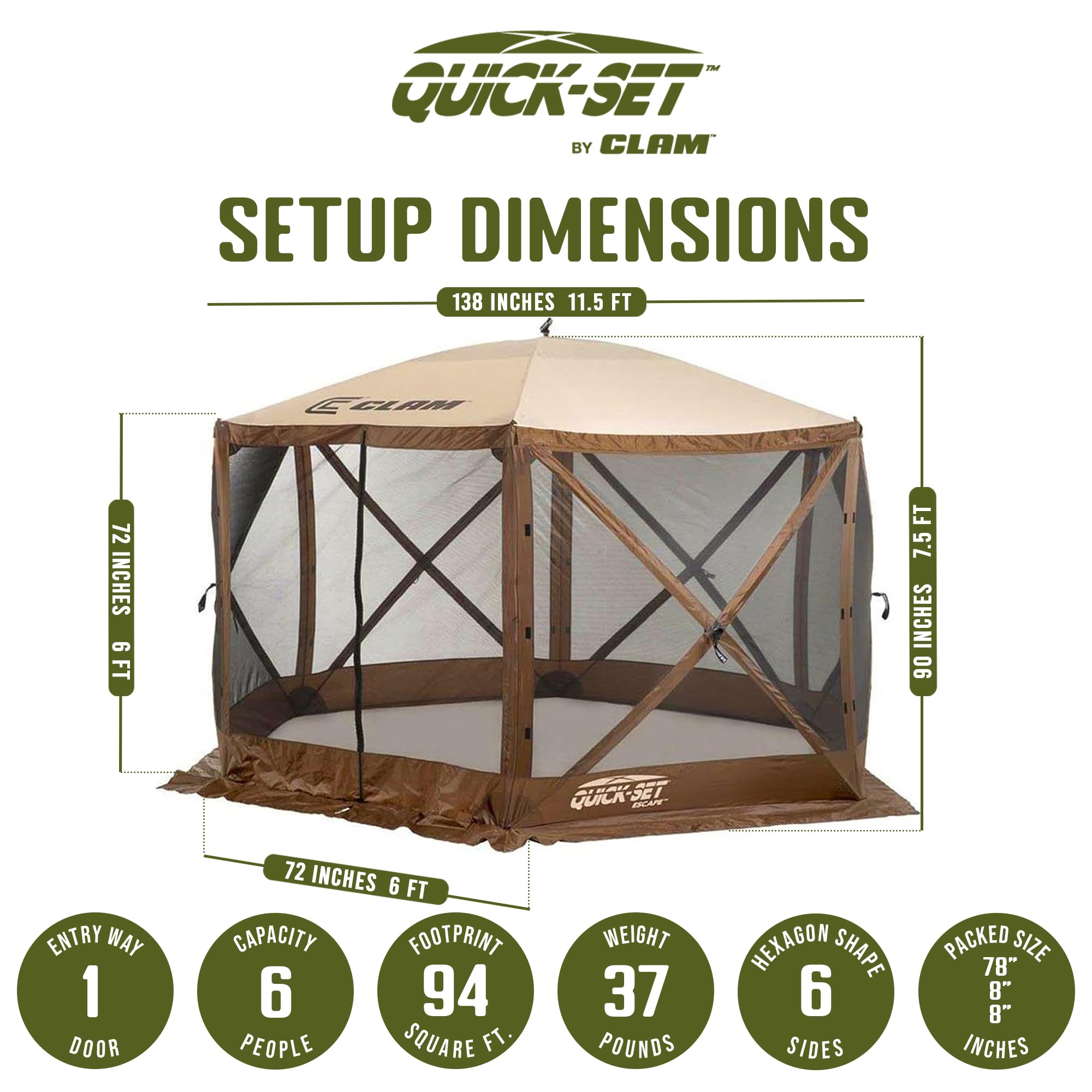 Pop Up CLAM Screen Tent, Outdoor Camping Gazebo Canopy, Escape, 11.5', Brown - Heavy-Duty Portable Screened Shelter with Netting for Beach, Patio, and Backyard