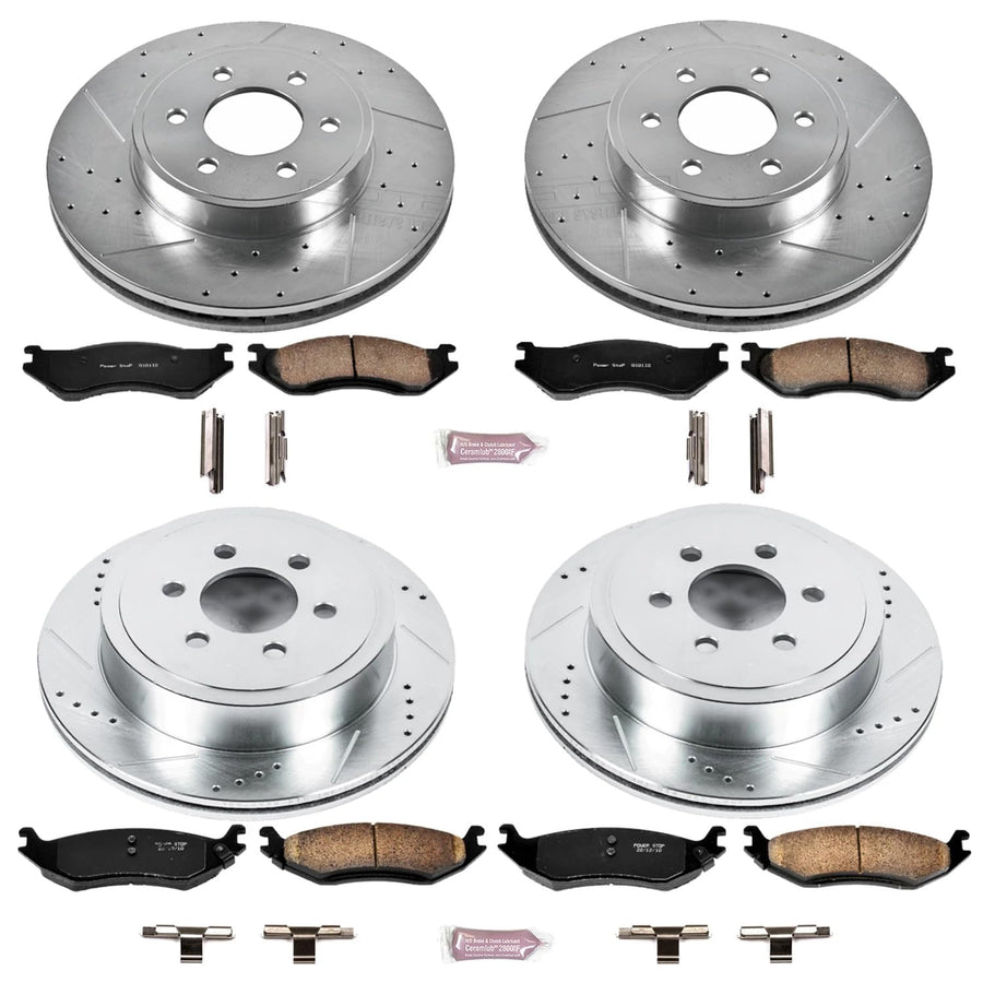 Power Stop K4471 Z23 Carbon Fiber Brake Pads Front and Rear with Drilled & Slotted Brake Rotors Kit For Dodge Durango 2003 [Model Specific]