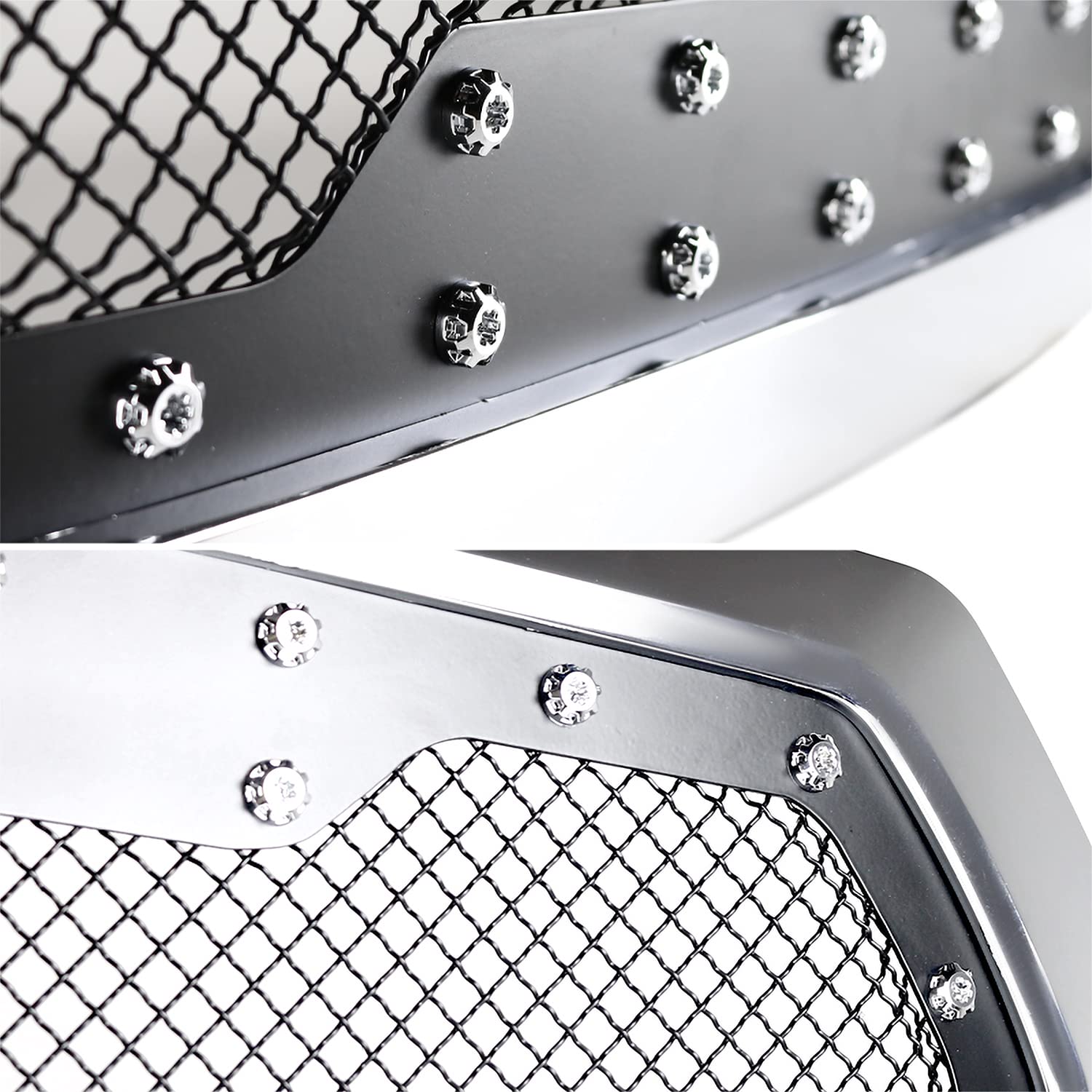 Chrome Mesh Rivet Front Bumper Hood Grille w/Shell Spec-D Tuning Compatible with 2015-2017 Ford F150
