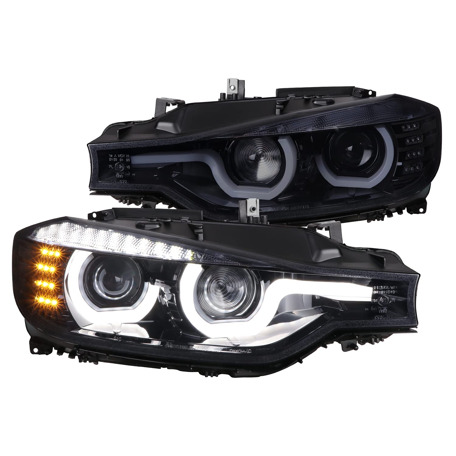 Dual U-Bar Projector Headlights 2012-2015 F30 3 Series Sedan w/ LED Turn Signal Lights (Chrome Housing/Smoked Lens)