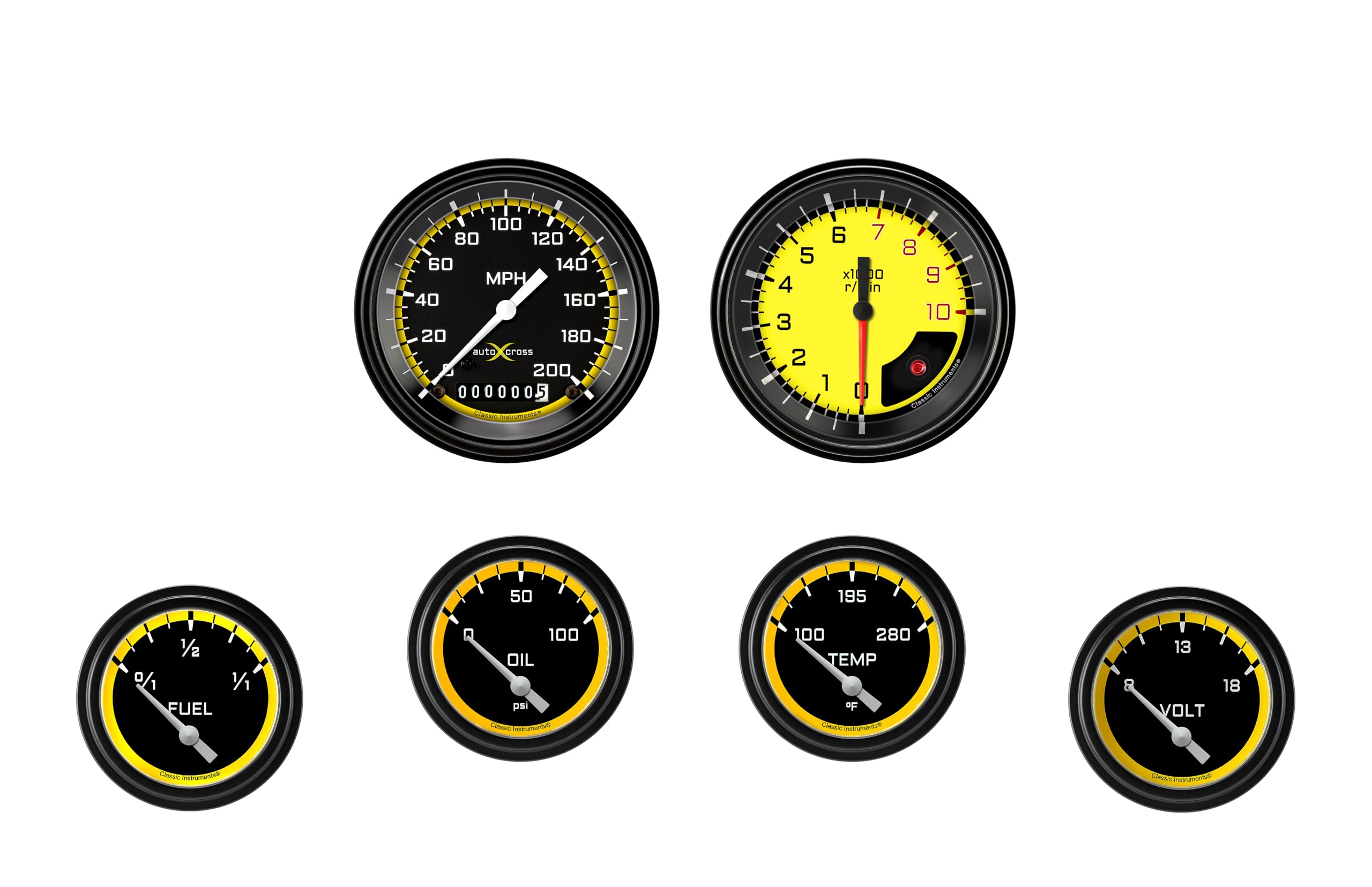 AX201YBLF Classic Instruments Autocross Yellow 2 5/8" Short Sweep 6 Gauge Set - GM