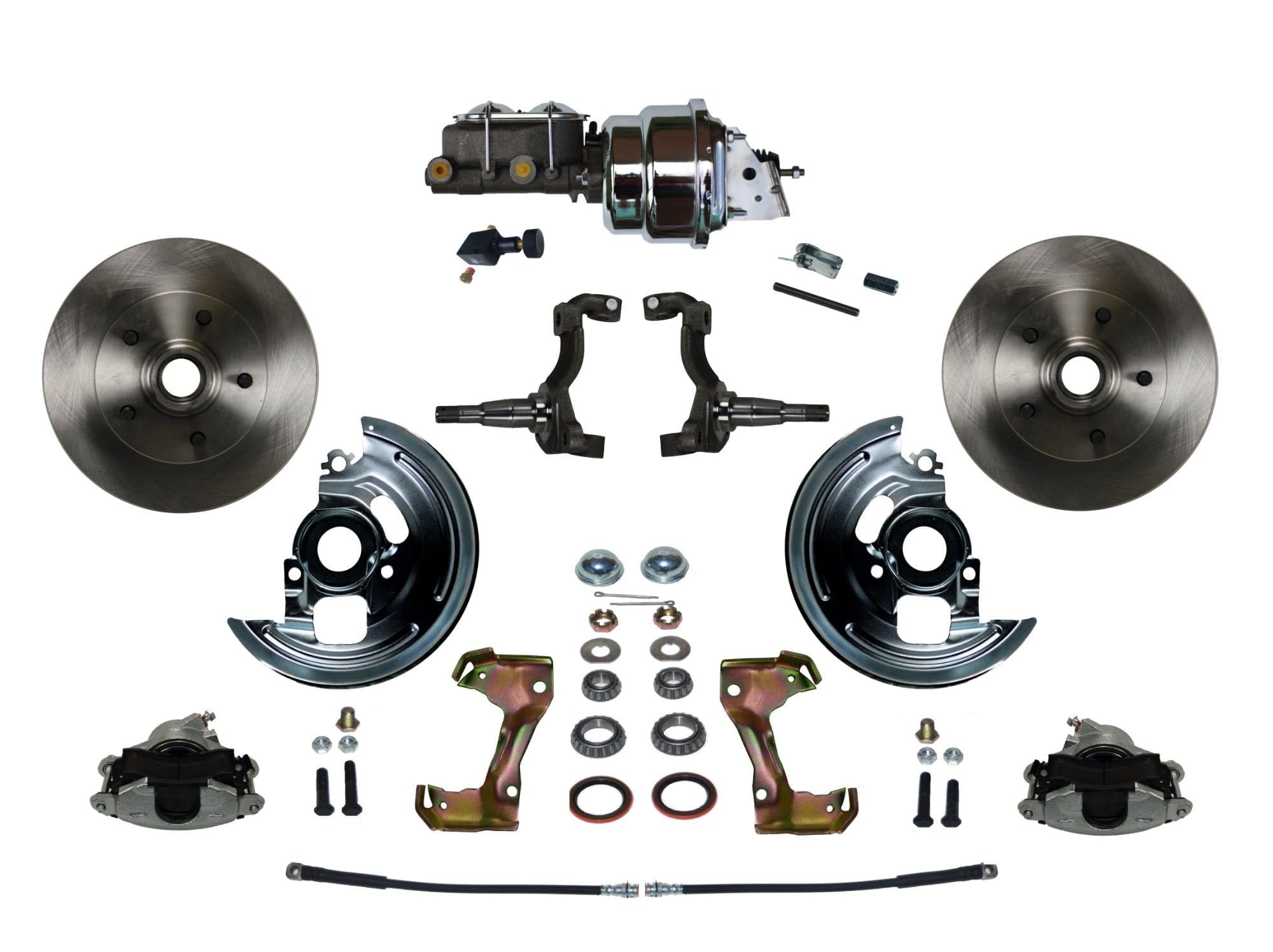 Power Front Disc Brake Conversion Kit LEED BRAKES With 7" Dual Chrome Booster Cast Iron Chrome Top M/C Adjustable Proportioning Valve