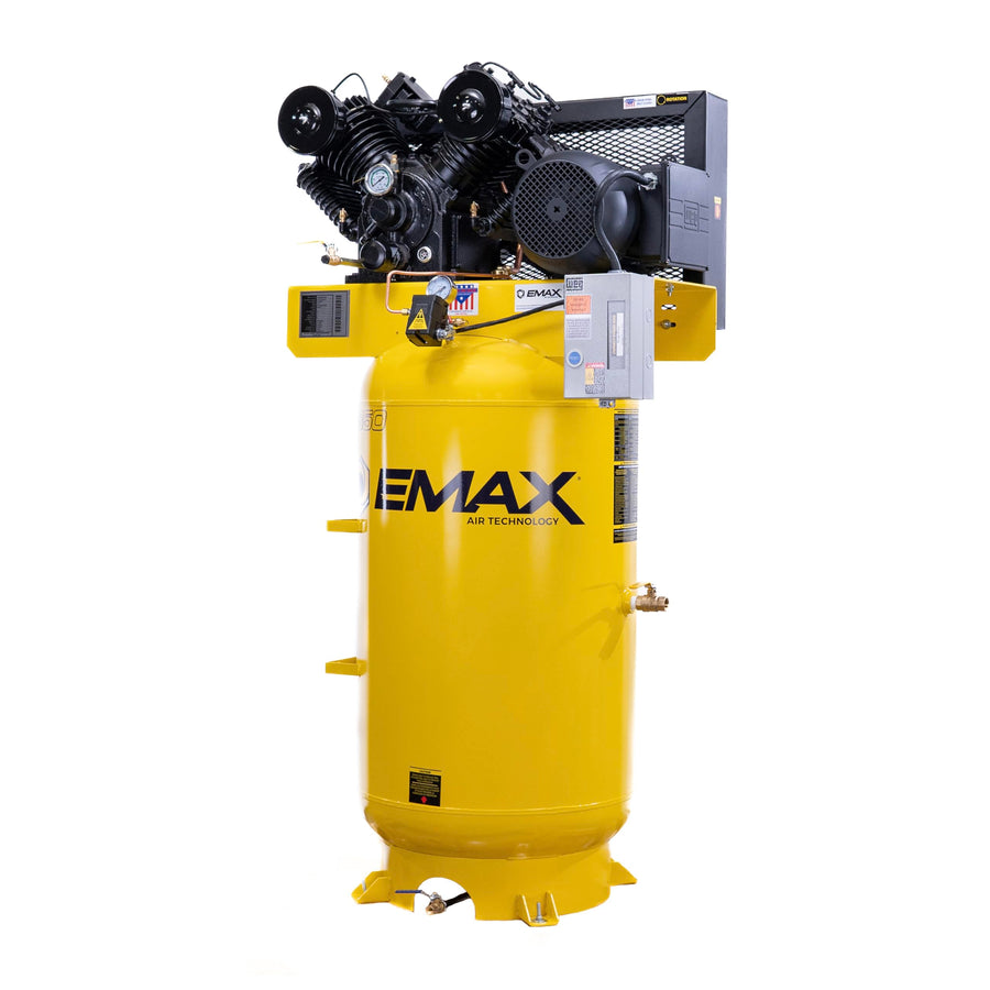 EMAX E350 Air Compressor Stationary - 10 HP 80 Gal 2 Stage Single Phase Industrial Compressor with Pressure Lubricated Pump and Super Quiet System - Made in the USA - EI10V080V1