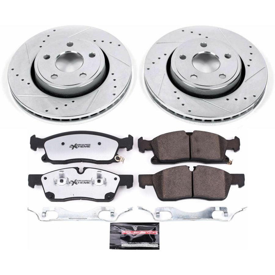 Front Brake Kit Power Stop For 2017 2018 2019 2020 Jeep Grand Cherokee - Truck & Tow Carbon Fiber Ceramic Brake Pads & Drilled and Slotted Rotors Replacement, K7412-36