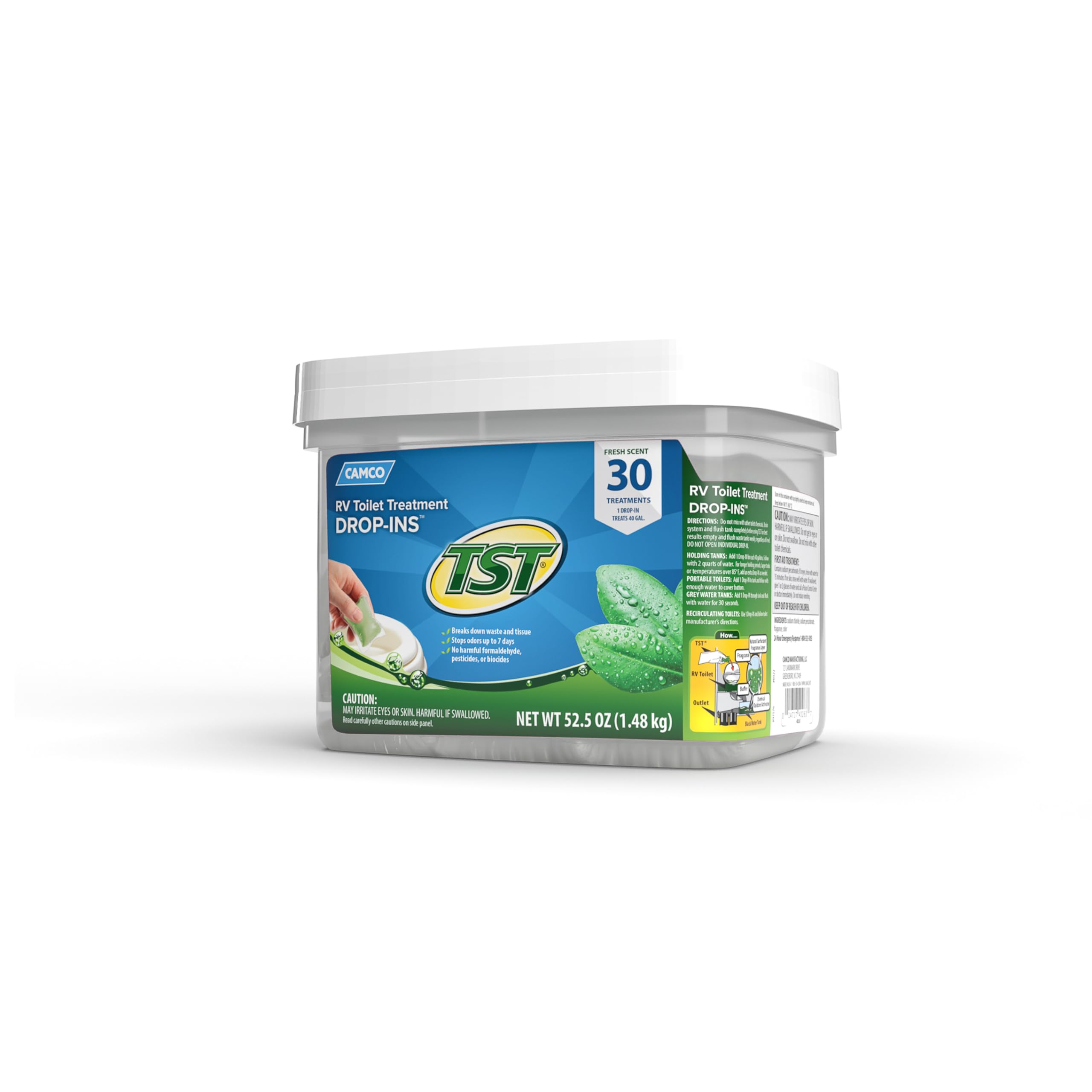 Camco TST Drop-INs RV Toilet Treatment - Control Unwanted Odors and Break Down Waste and Tissue - Safe Septic Tank Treatment - Fresh Scent - 30-Pack (40263)