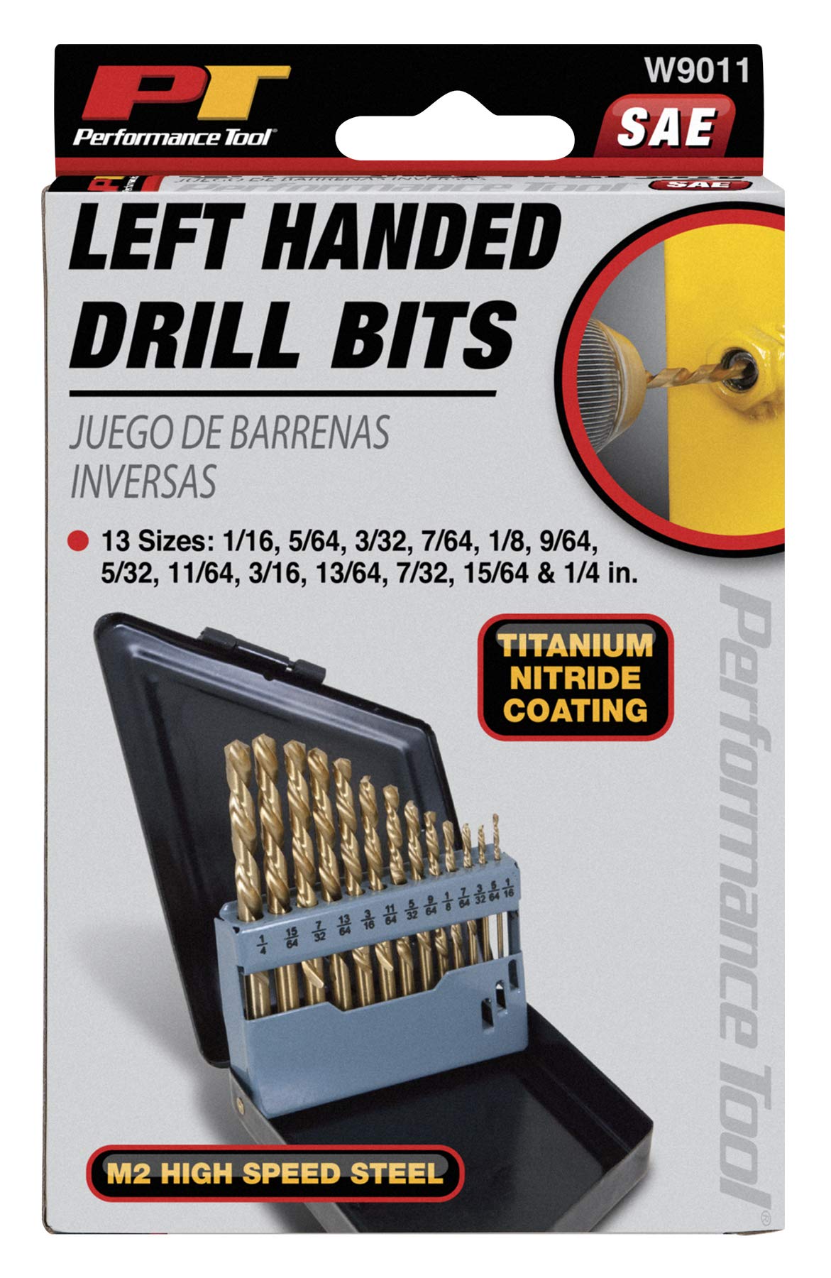 W9011 Performance Tool 13pc Left Hand Drill Bit Set, With Titanium Nitride Coating SAE (1/16-Inch - 1/4-Inch)