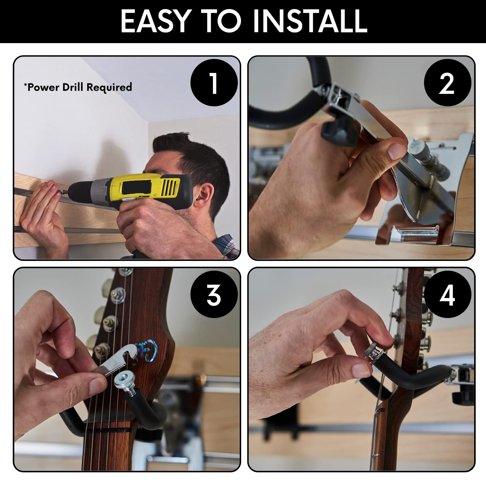 Guitar Wall Mount Horizontal + 8 Guitar Hooks: Guitar Hanger & Guitar Rack Wall Mount Guitar Holder Stand, Ukulele Hangers, Banjo Wall Mount Guitar Accessories & Violin Organizer -95” Black