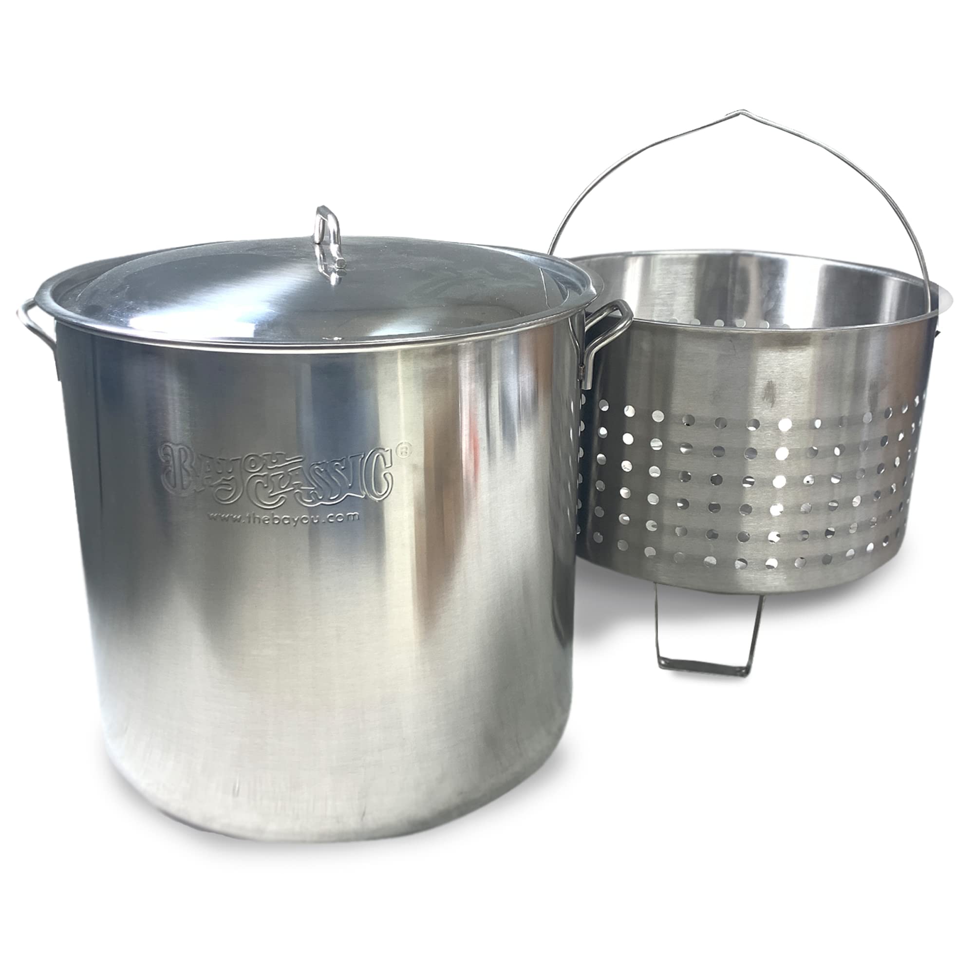 Bayou Classic 82-qt Stainless Bayou Boiler w/ Elevated Steam Basket Features Lid and Stainless Perforated Basket w/ Helper Handle