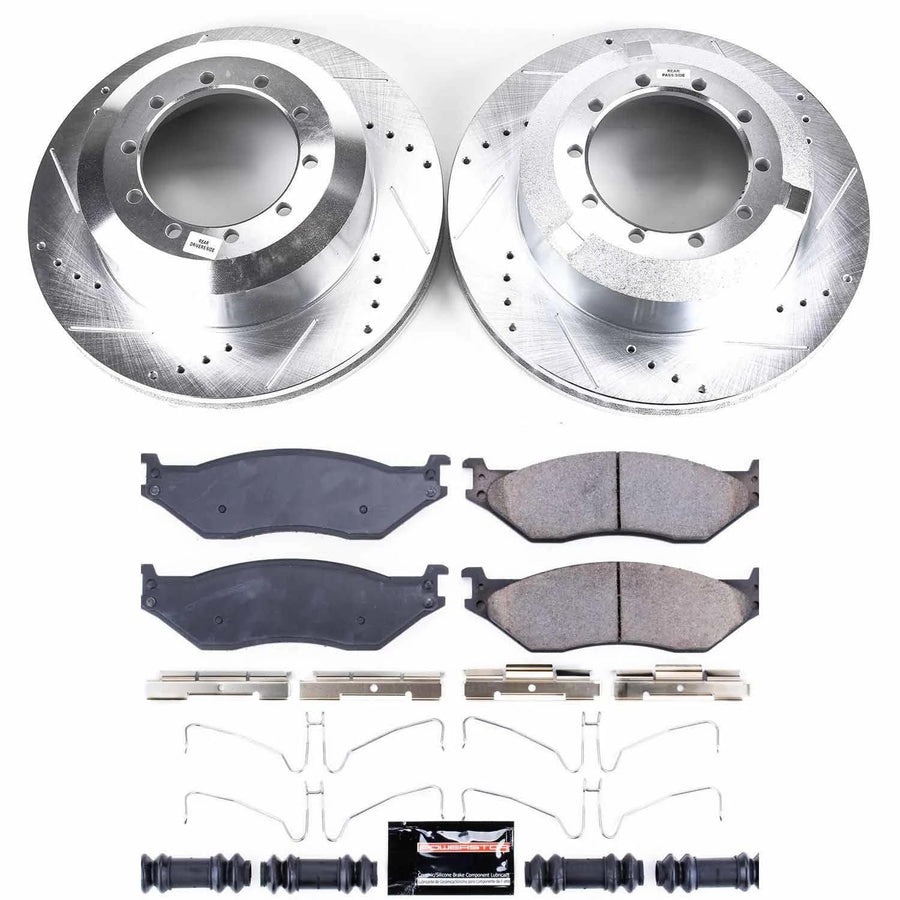 Power Stop K8395 Z23 Carbon Fiber Brake Pads Front and Rear with Drilled & Slotted Brake Rotors Kit For Ford LCF 2006-2009 [Model Specific]