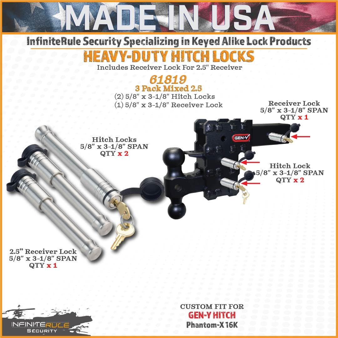 61819 InfiniteRule Security | 3 Pack Mixed 2.5, Keyed Alike, Hitch Locks for Gen-Y Hitch Phantom-X 16K & Phantom Flip & Tow Hitches - Includes Lock for 2.5" Receiver