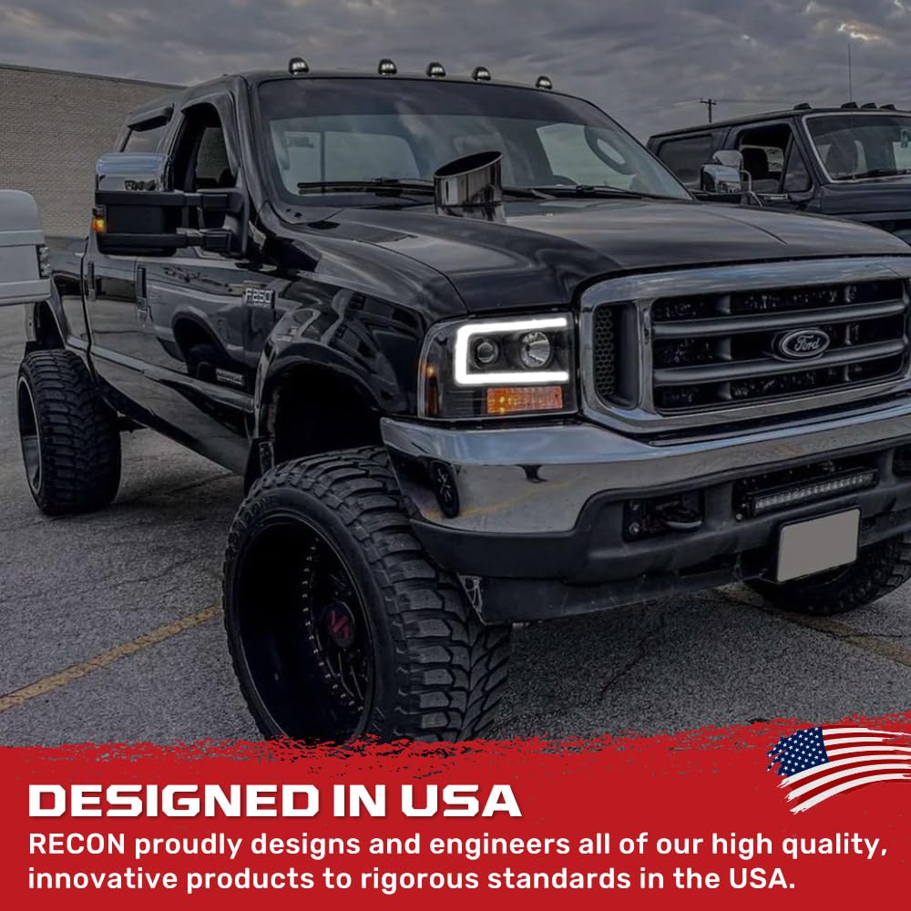 RECON - Projector Headlights Fits 1999-2004 Super Duty (F250 F350 F450 F550) OLED Halos DRL - Smoked Lens (264192BKC)