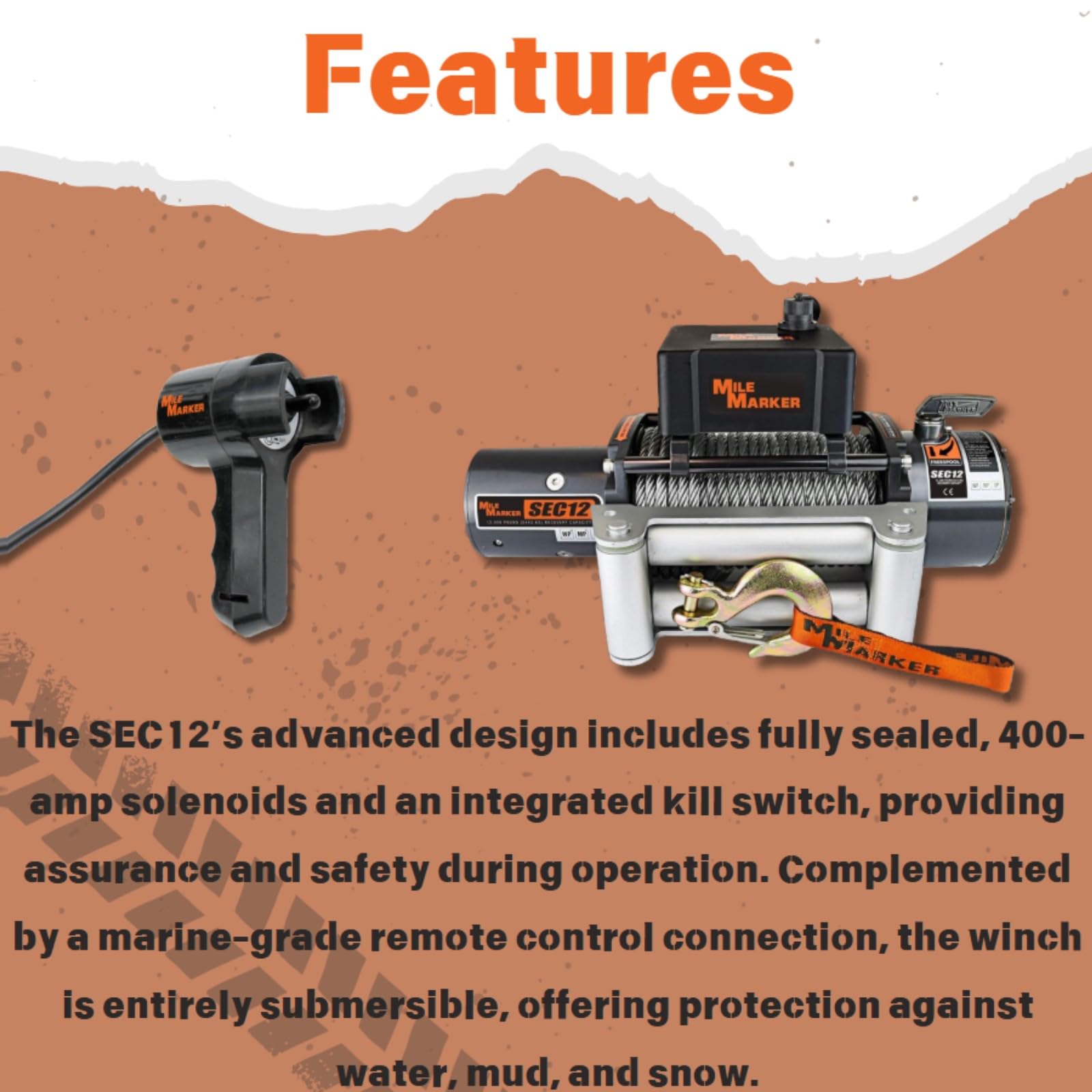 SEC12 Mile Marker 76-50251BW Winch - 12000 lb. Pull Strength - Steel Cable & Roller Fairlead - Built for Tough Terrains - Waterproof - Handheld Remote Controller Included - Withstands Rigorous Use