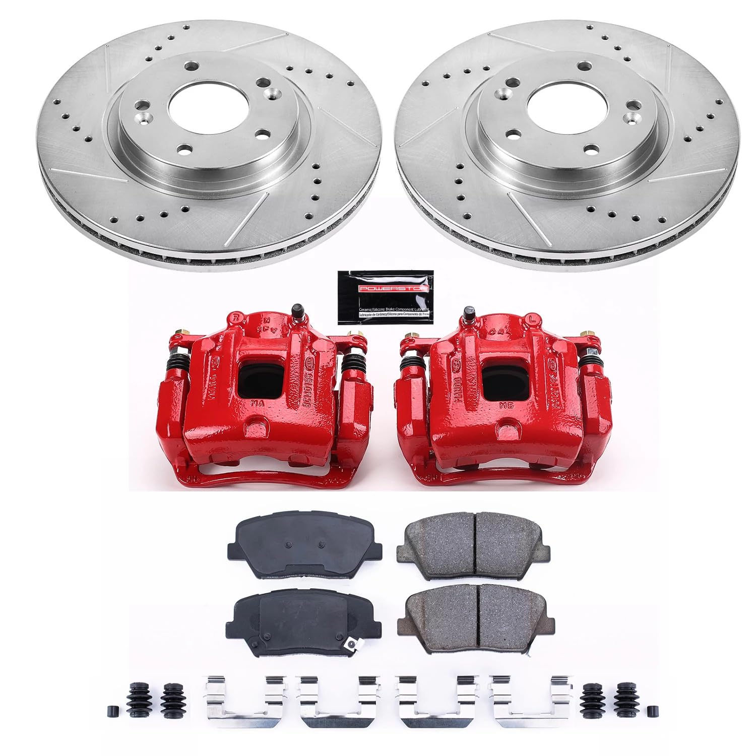 Power Stop Z23 Evolution KC5926 Front Caliper Kit-Drilled/Slotted Rotors, Carbon Ceramic Brake Pads & Calipers For Hyundai Santa Fe 2010-2012, Kia Sorento 2011-2013 [Model Specific]