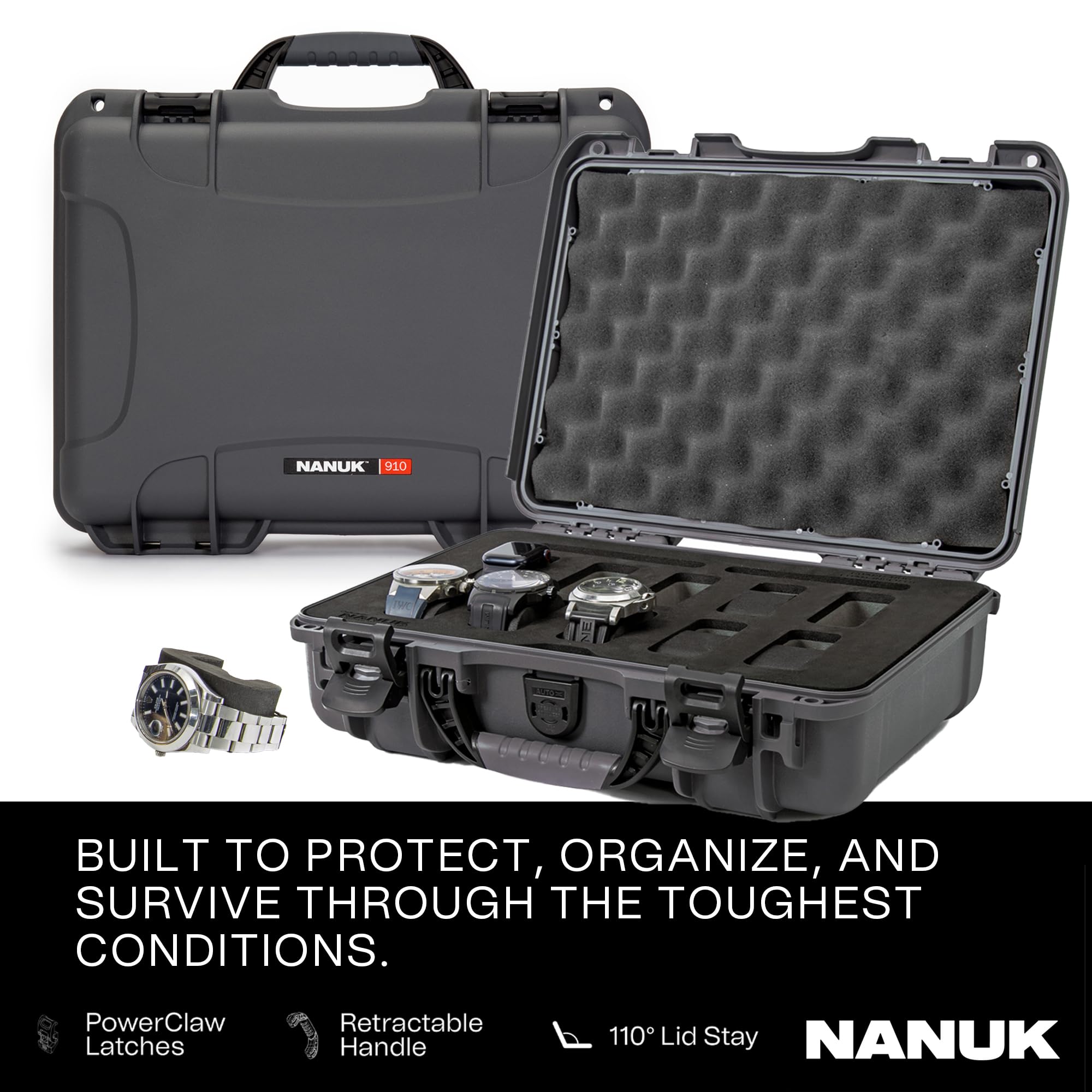 Graphite Nanuk 910 Waterproof Watch Case with Foam Insert