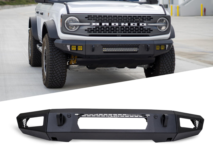 OE Plus Series V2 DV8 Offroad Front Bumper for 2021-2025 Ford Bronco | Low-Profile OE Style Design | Mounts One 20" Light Bar | Mounts Four 3" Pod Lights | Retains Adaptive Cruise Control