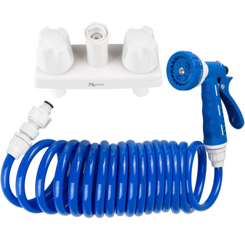 Dura Faucet RV Exterior Quick Connect Detachable Spray Faucet DF-SA186-WT with 7-Option Nozzle (White/Blue)