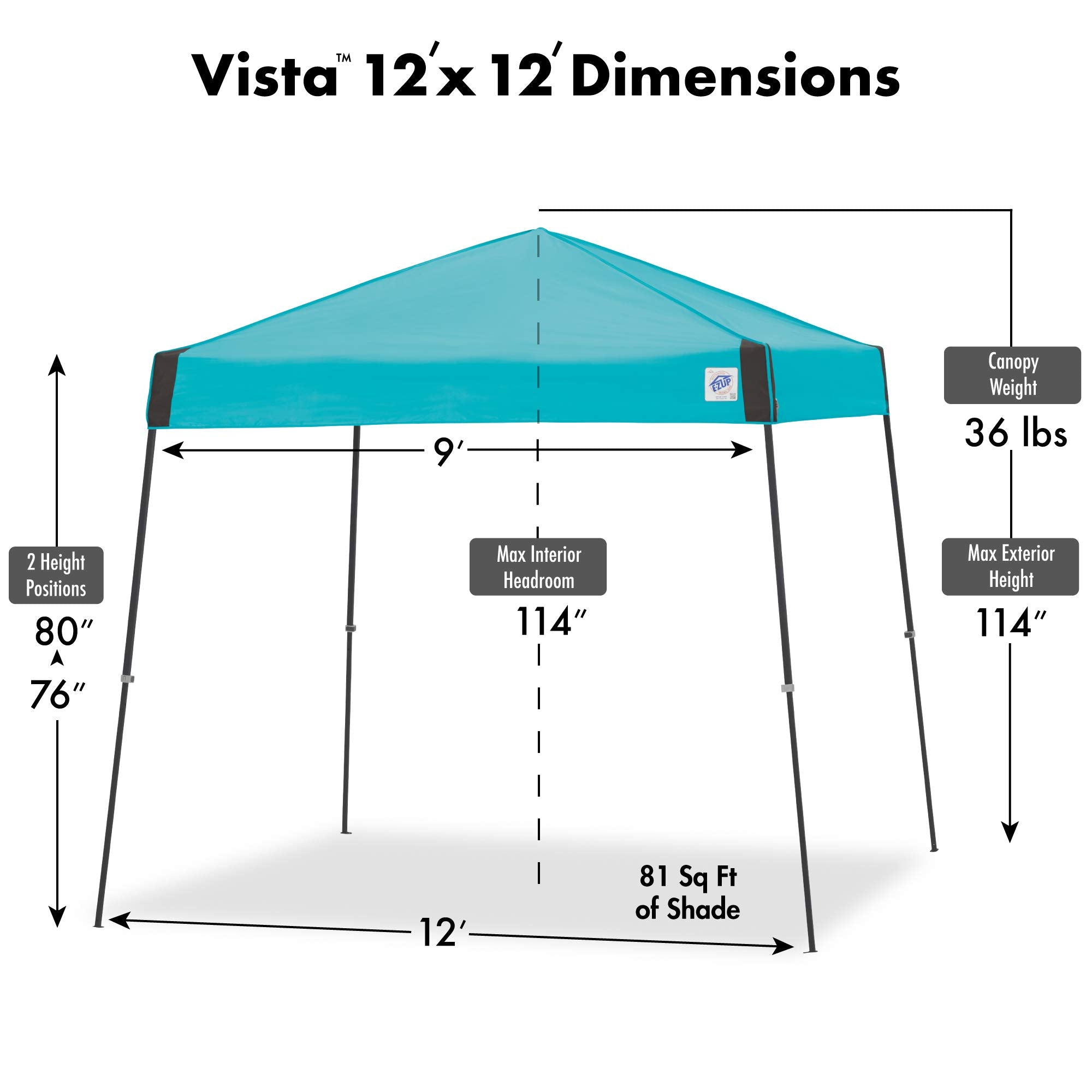 E-Z UP Instant Shelter Vista Canopy, 12' x 12', White Powder-Coated Steel Frame with Wide-Trax Roller Bag & 4 Piece Spike Set, Punch