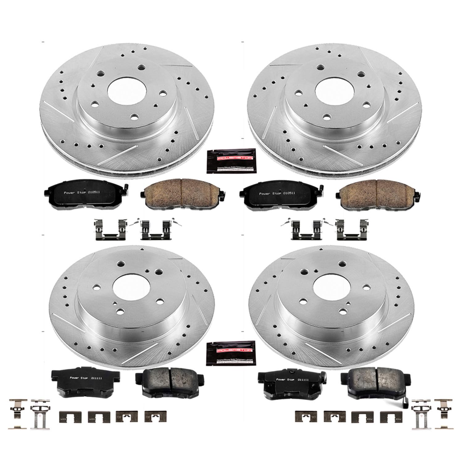 Power Stop K5888 Z23 Carbon Fiber Brake Pads Front and Rear with Drilled & Slotted Brake Rotors Kit For Suzuki SX4 2007-2013 [Model Specific]