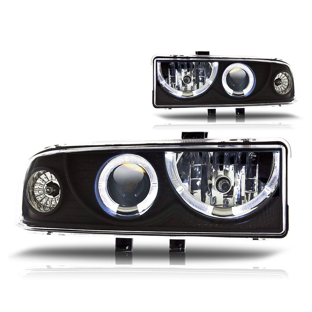 Winjet LED Halo Projector Headlights For Chevy S10 1998-2004, Projector Headlight Assembly For Chevy Blazer 1998-2005, Headlamp Replacement w/High & Low Beam (Black Housing Clear Lens)