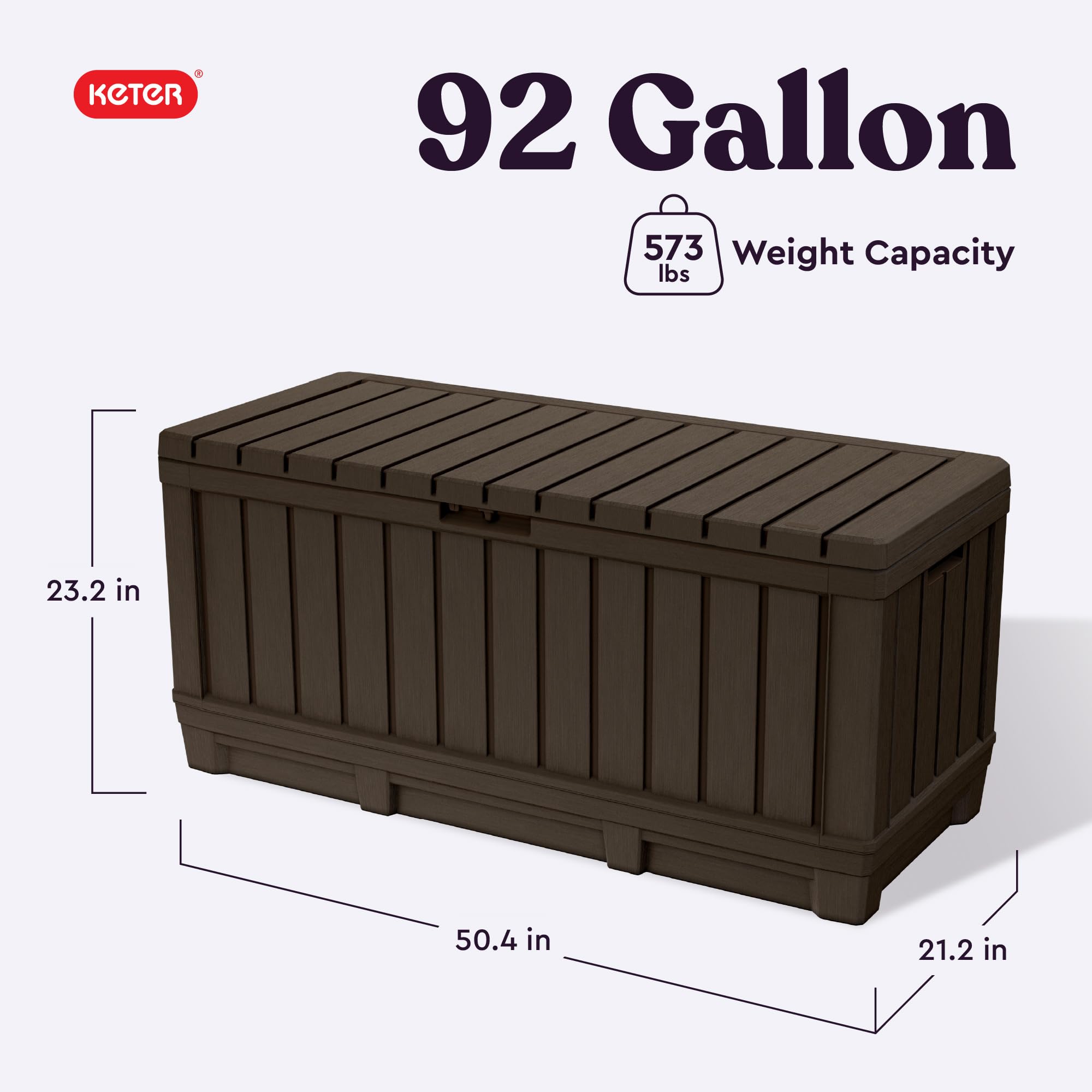 Keter 92 Gallon Kentwood Resin Deck Box-Organization and Storage for Patio Furniture Outdoor Cushions, Throw Pillows, Garden Tools and Pool Floats, Brown