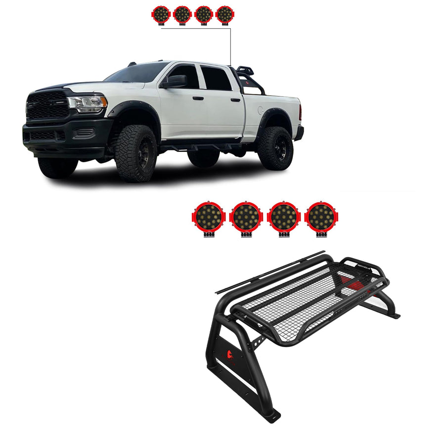 Atlas Black Horse Roll Bar Incl. Pair of 7.0" Dia. LED Lights w/Red Trim Rings Compatible with (1/2 ton Trucks) Black Atlas Roll Bar - RB-BA1B-PLR
