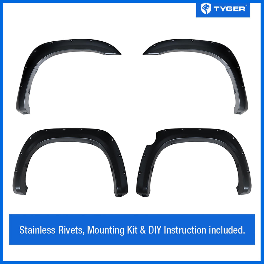 Tyger Auto Fender Flare 2007-2013 Compatible with Toyota Tundra, Smooth Textured Black Paintable Bolt-Riveted Style 4pc | TG-FF8T4398