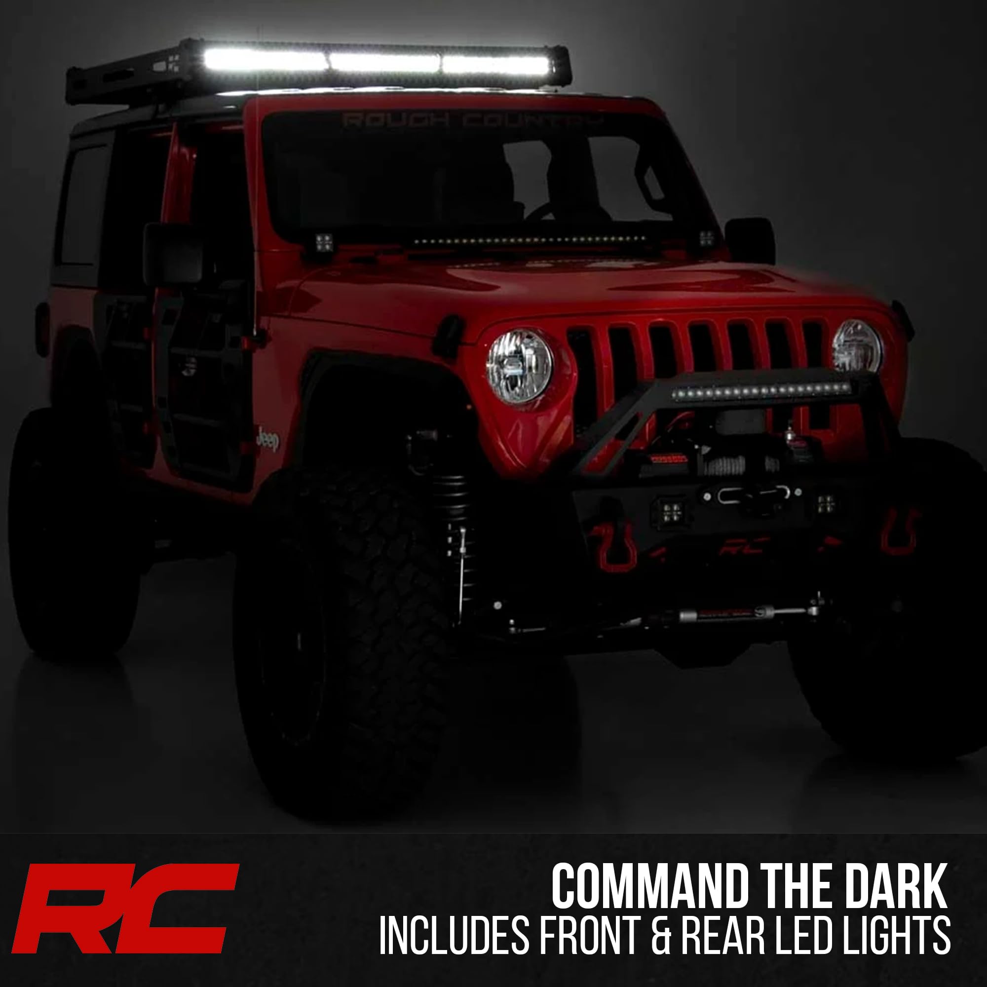 Rough Country Roof Rack for Jeep Wrangler JL (2021–2024) & Unlimited (2018–2025) with LED Lights - Cargo Rack with 50" LED Bar & Dual 2" Flush Mount LEDs, Freedom Top Compatible