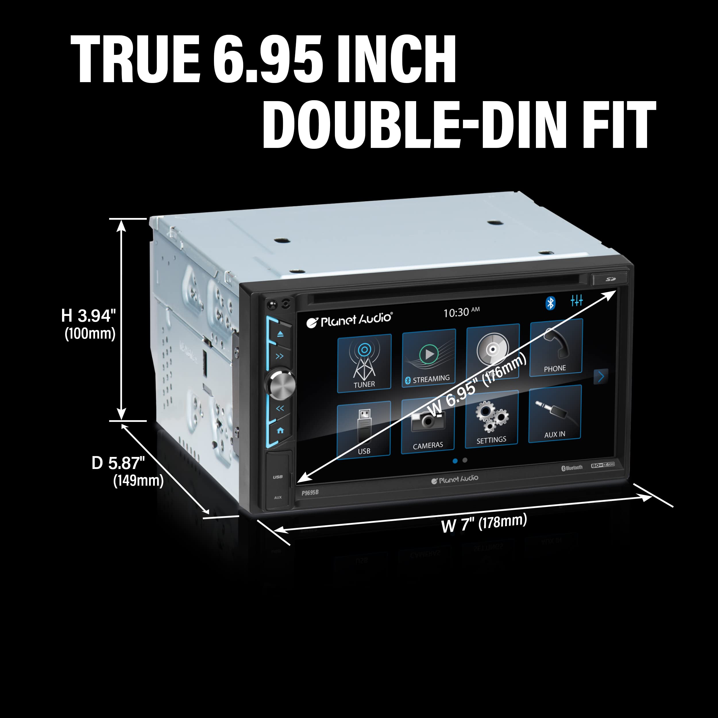 Car Audio Stereo System Planet Audio P9695BRC - 6.95 Inch Double Din, Touchscreen, Bluetooth Audio and Hands-Free Calling, A-Link (Screen Mirroring), CD Player, Backup Camera, Radio Receiver