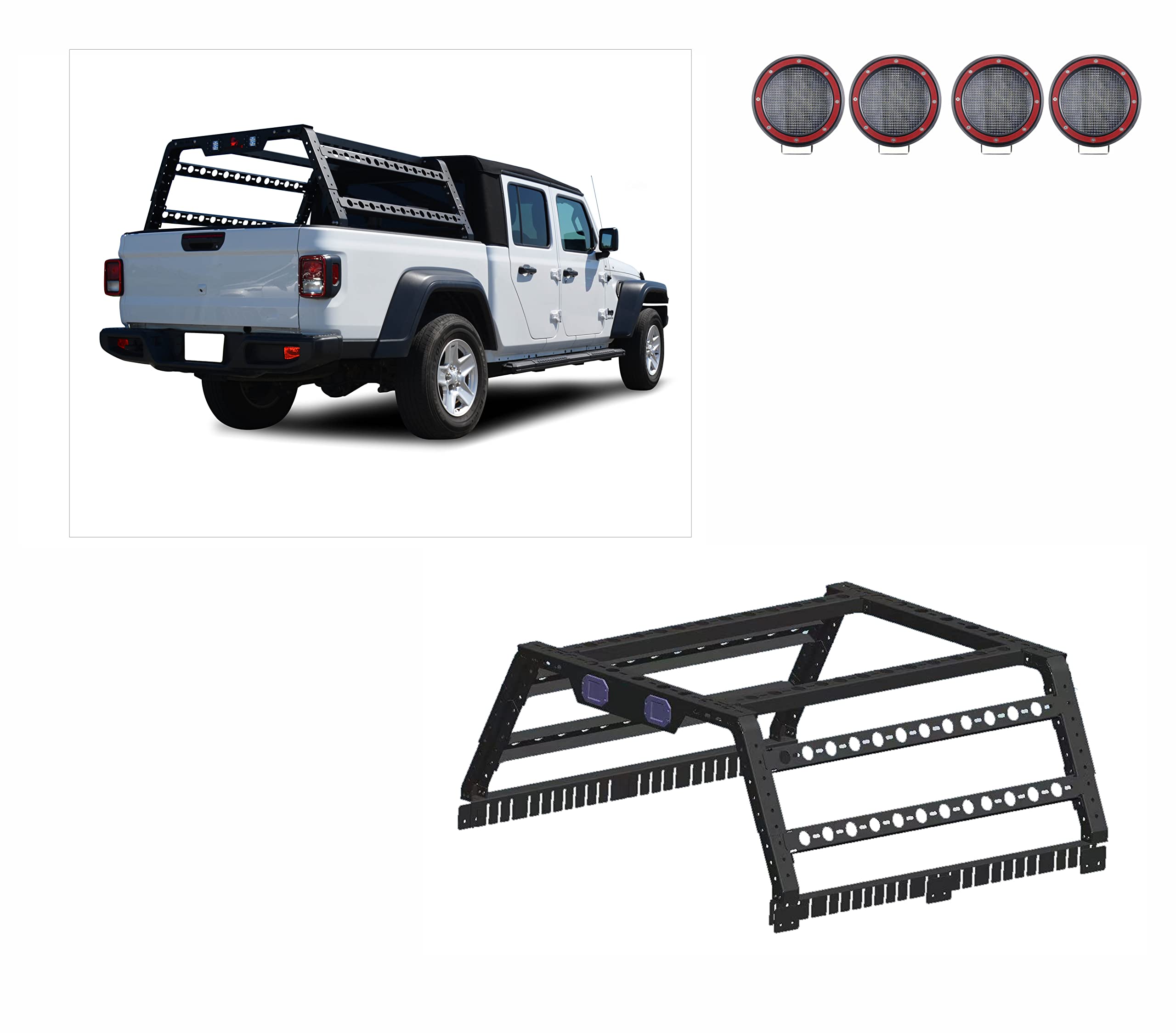 Overland Black Horse Bed Rack Incl. Set of 5.3" Dia.LED Lights w/Red Trim Rings Compatible with Full Size and Small Trucks, Dodge Ram, Gladiator, Titan, GMC, Chevrolet, Ford, Frontier-TR01B