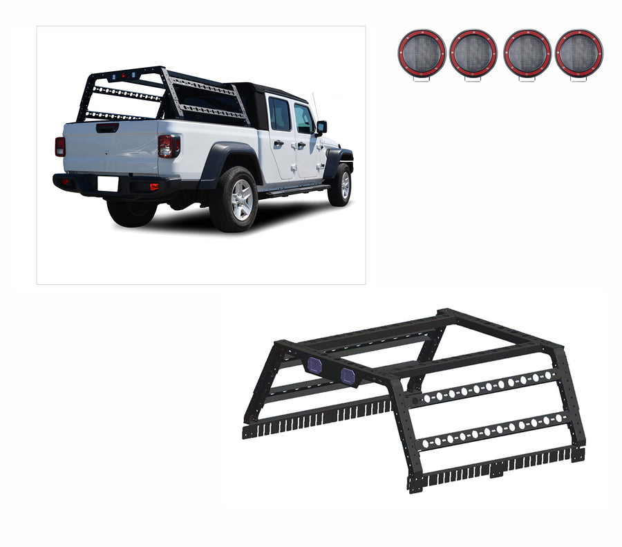 Overland Black Horse Bed Rack Incl. Set of 5.3" Dia.LED Lights w/Red Trim Rings Compatible with Full Size and Small Trucks, Dodge Ram, Gladiator, Titan, GMC, Chevrolet, Ford, Frontier-TR01B