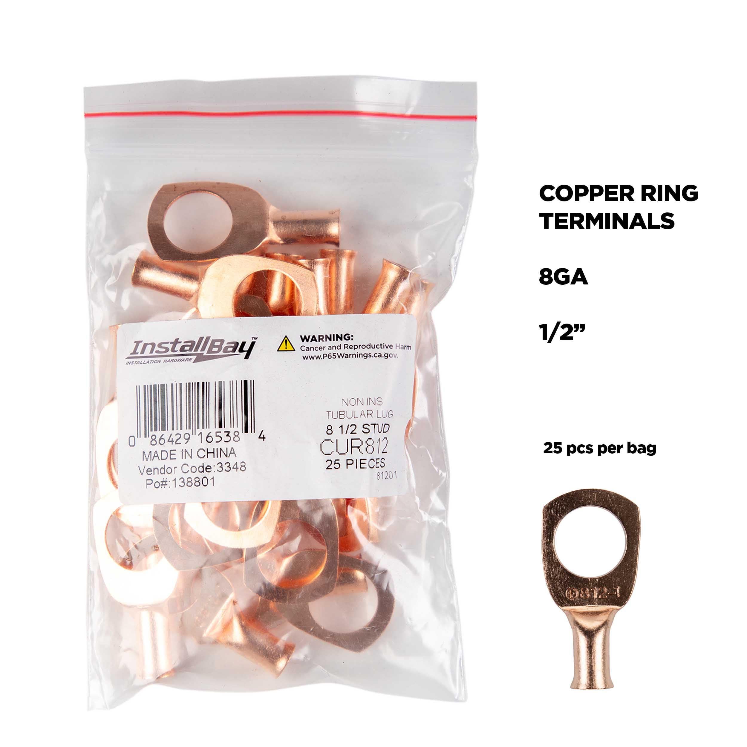 Copper Ring Terminal Install Bay 8 Gauge 1/2 Inch 25 Pack - CUR812
