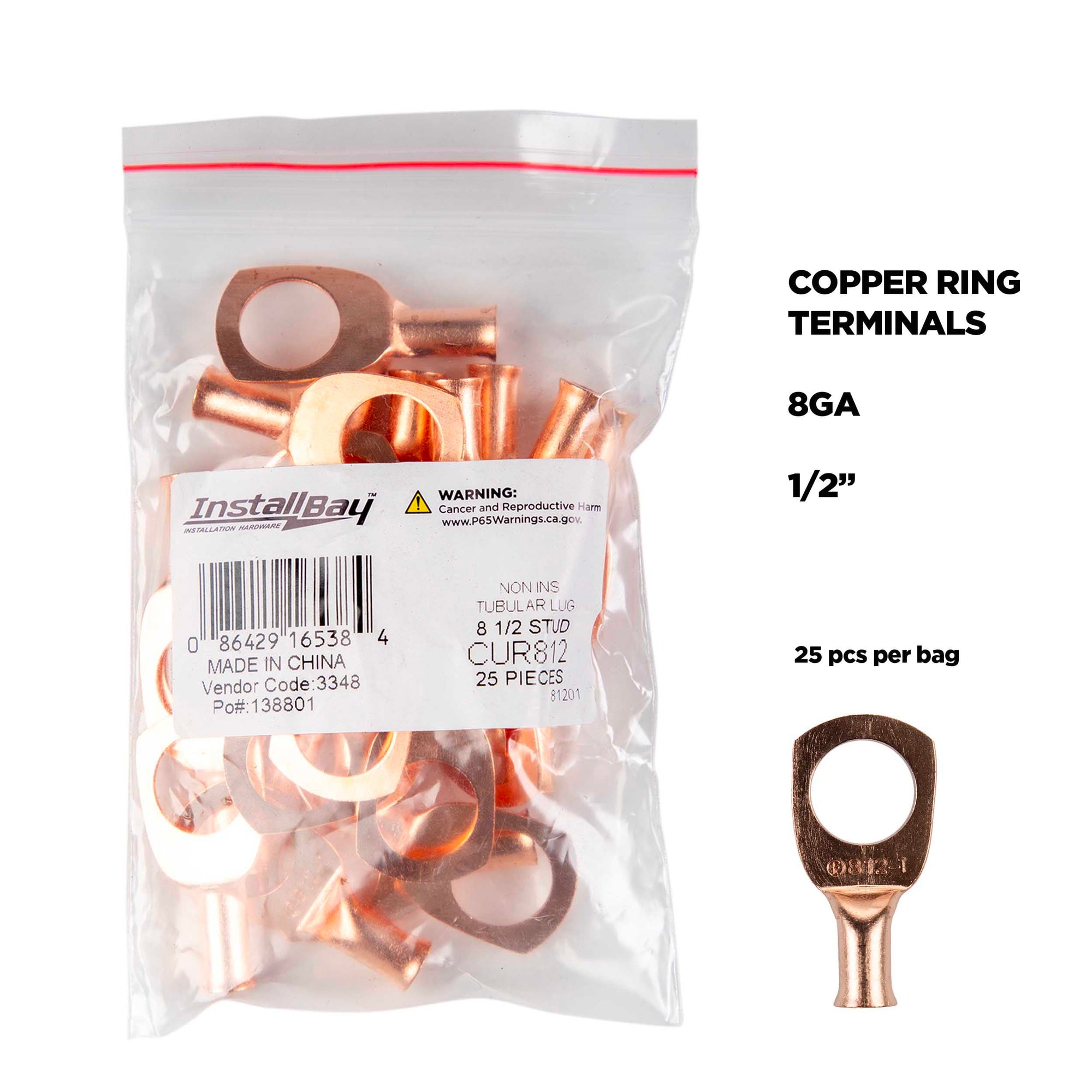Copper Ring Terminal Install Bay 8 Gauge 1/2 Inch 25 Pack - CUR812