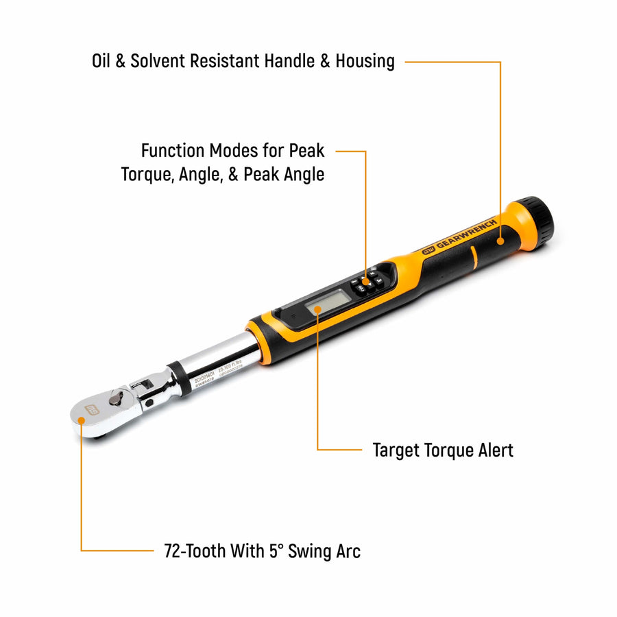3/8" GEARWRENCH Flex Head Electronic Torque Wrench with Angle, 10-100 ft/lbs. - 85078