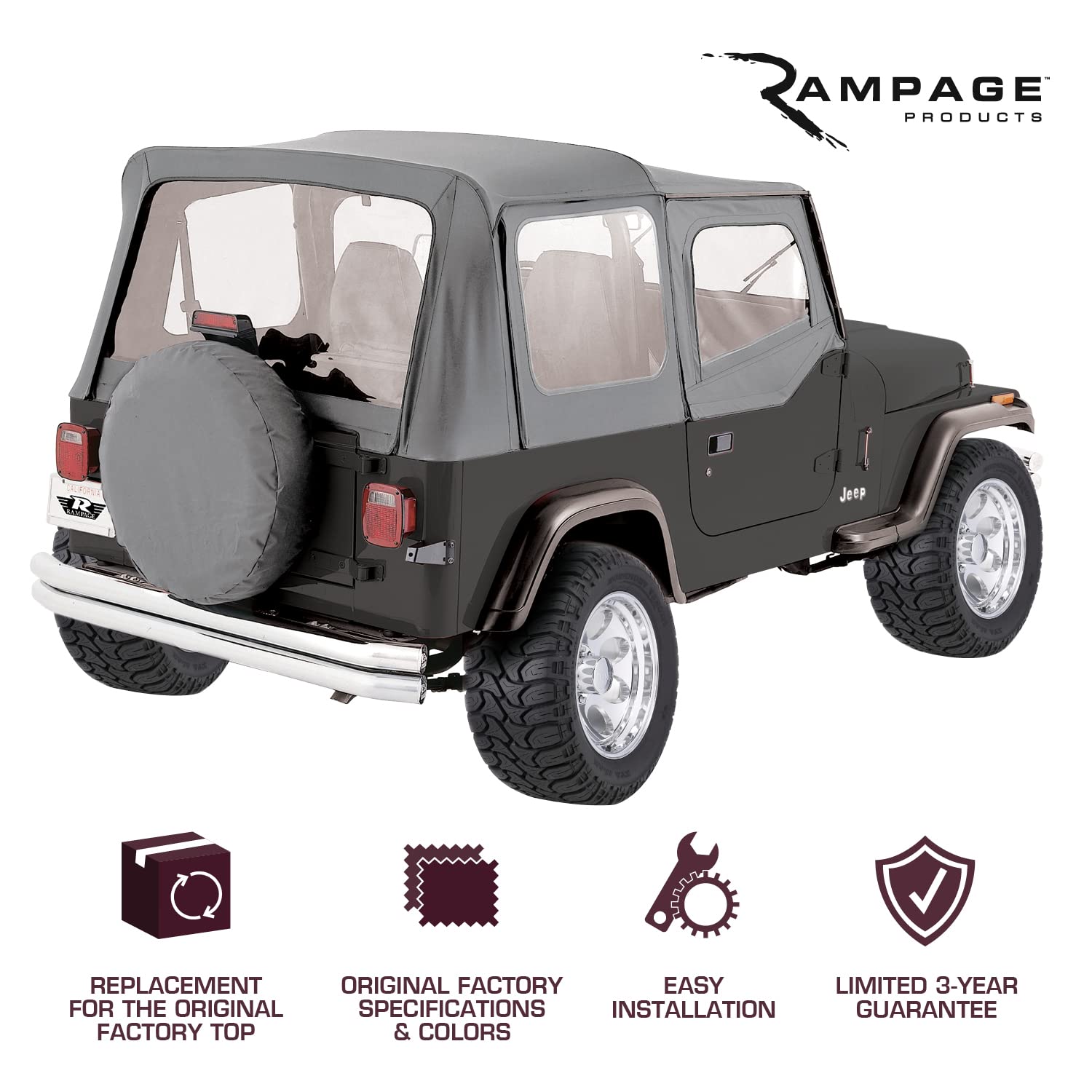 Rampage Complete Soft Top Rampage | Vinyl, Black Denim, includes Frame & Hardware | 68115 | Fits 1987 - 1995 Jeep Wrangler YJ, with Soft Upper Doors