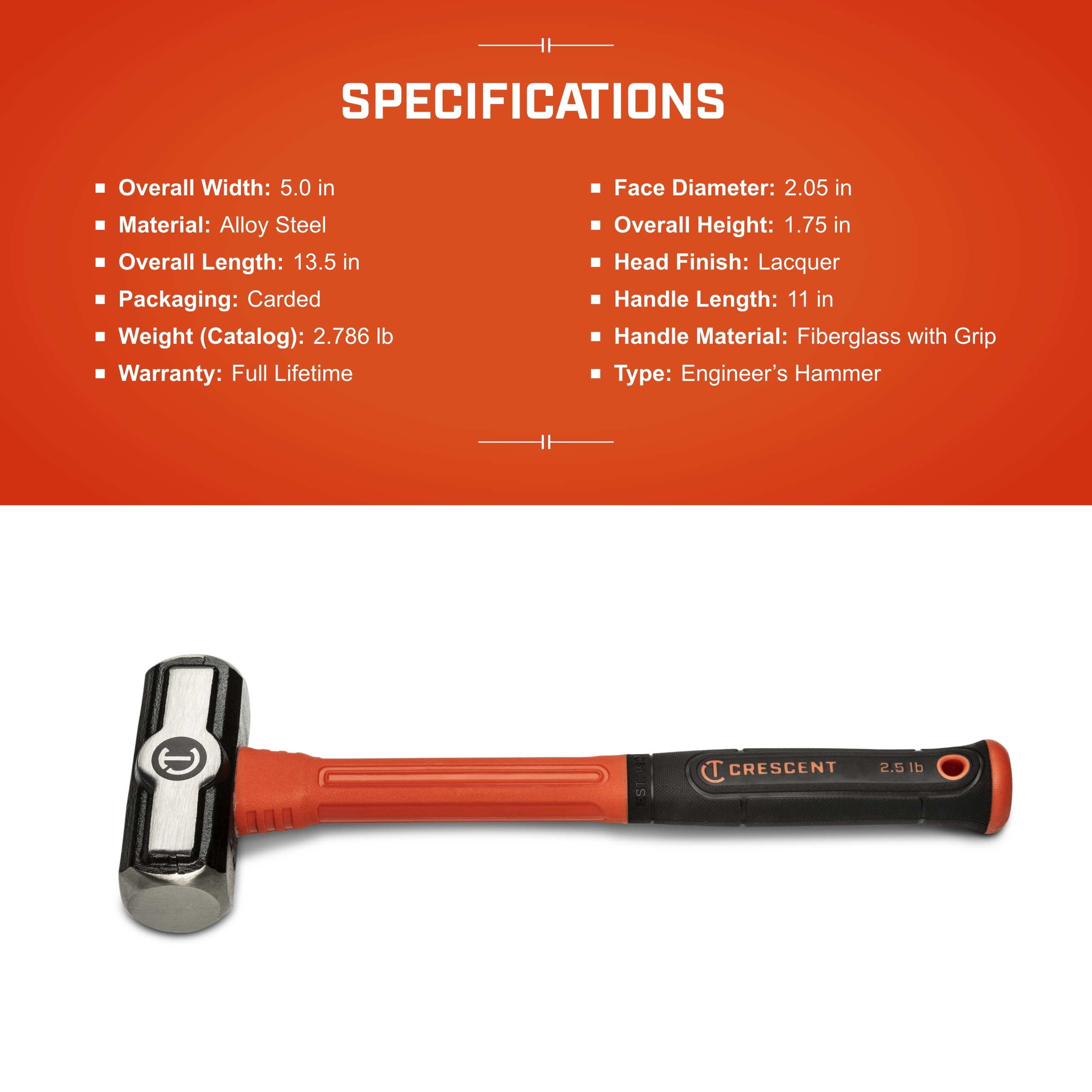 Fiberglass Crescent Engineer Hammer - Shock-Reducing Hammer with Ergonomic Grip & Forged Steel Head - Premium Hand Tool - 2 1/2 lb - CHFENG40