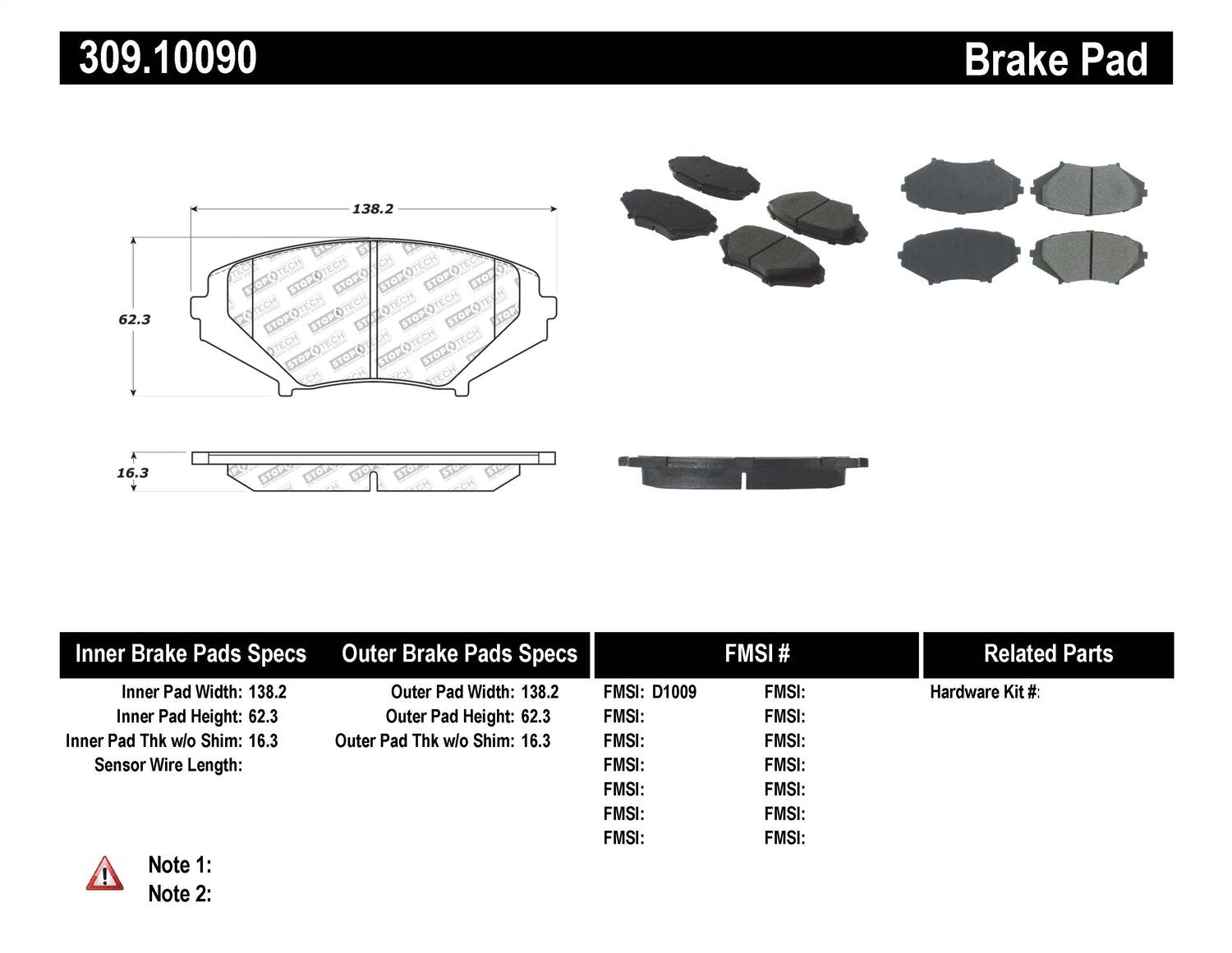 Sport Brake Pads StopTech 309.10090 with Shims and Hardware