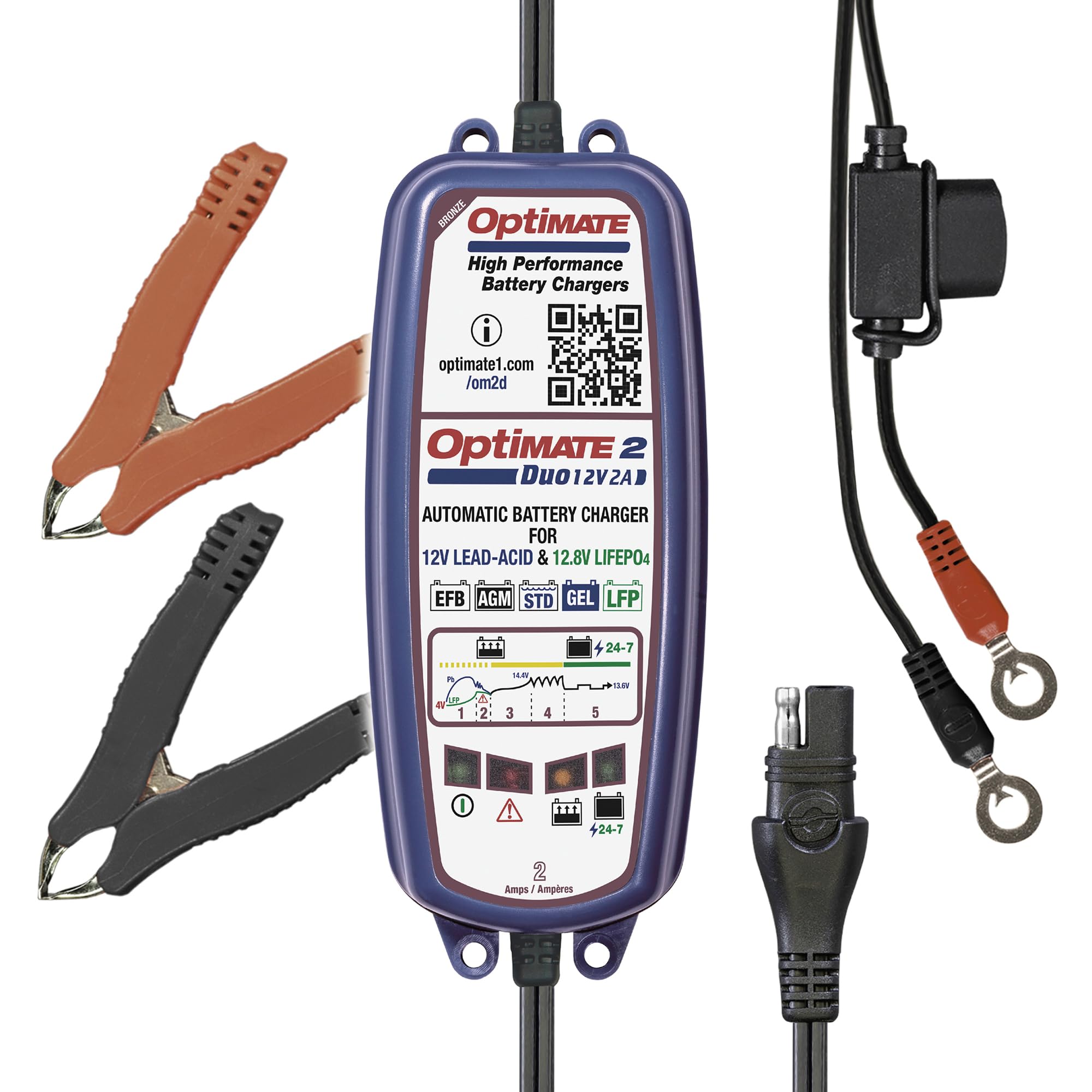 Optimate 2 Duo, TM-551 Tecmate, Bronze Series: 5-Step 12V / 12.8V 2A Sealed Battery Charger & maintainer, Blue