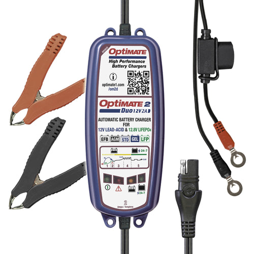 Optimate 2 Duo, TM-551 Tecmate, Bronze Series: 5-Step 12V / 12.8V 2A Sealed Battery Charger & maintainer, Blue