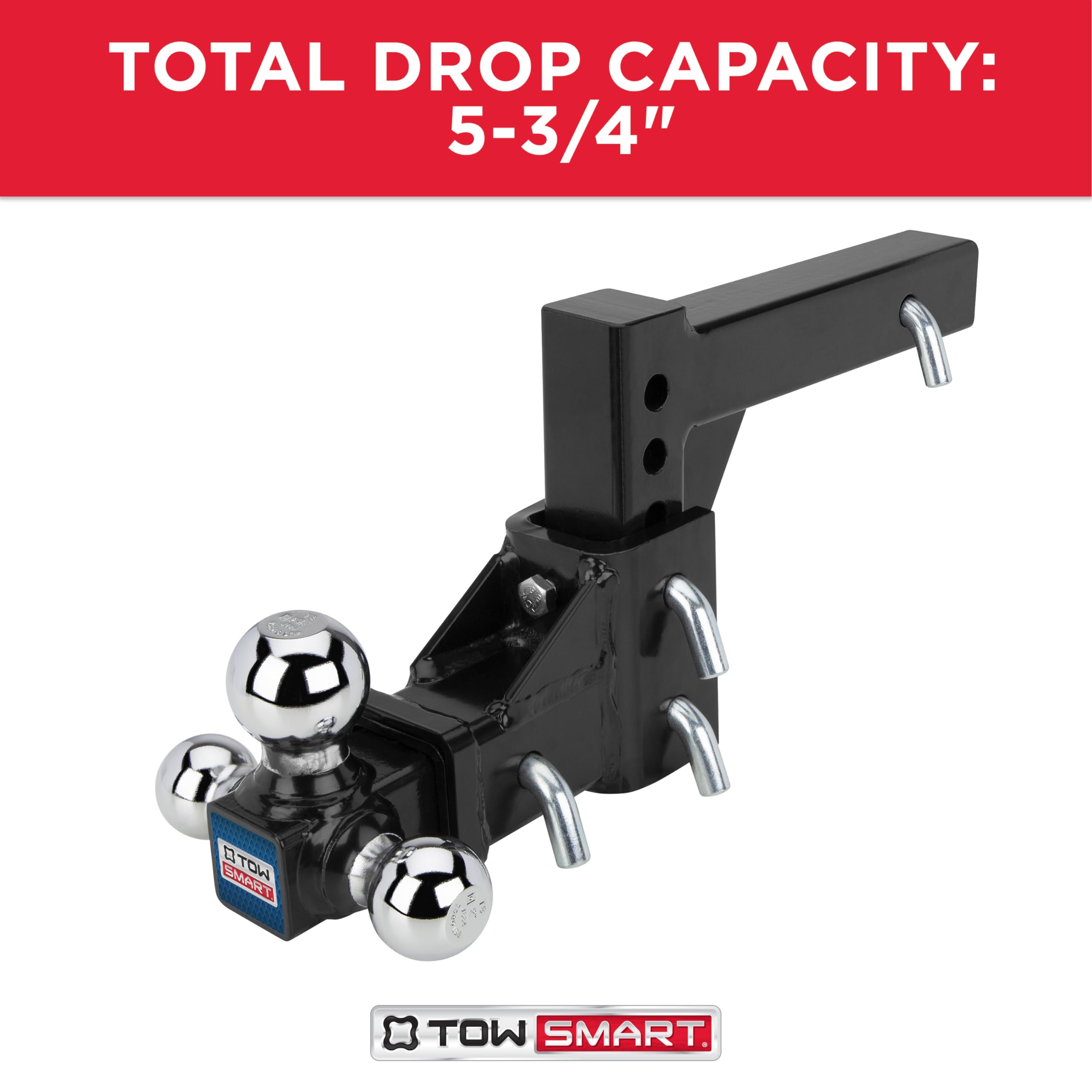 Adjustable TowSmart Tri-Ball Mount Hitch, 6,000-10,000 lbs Capacity, 2'' Receiver, 11.5'' Height Adjustment, Corrosion-Resistant, Fits Class III & IV