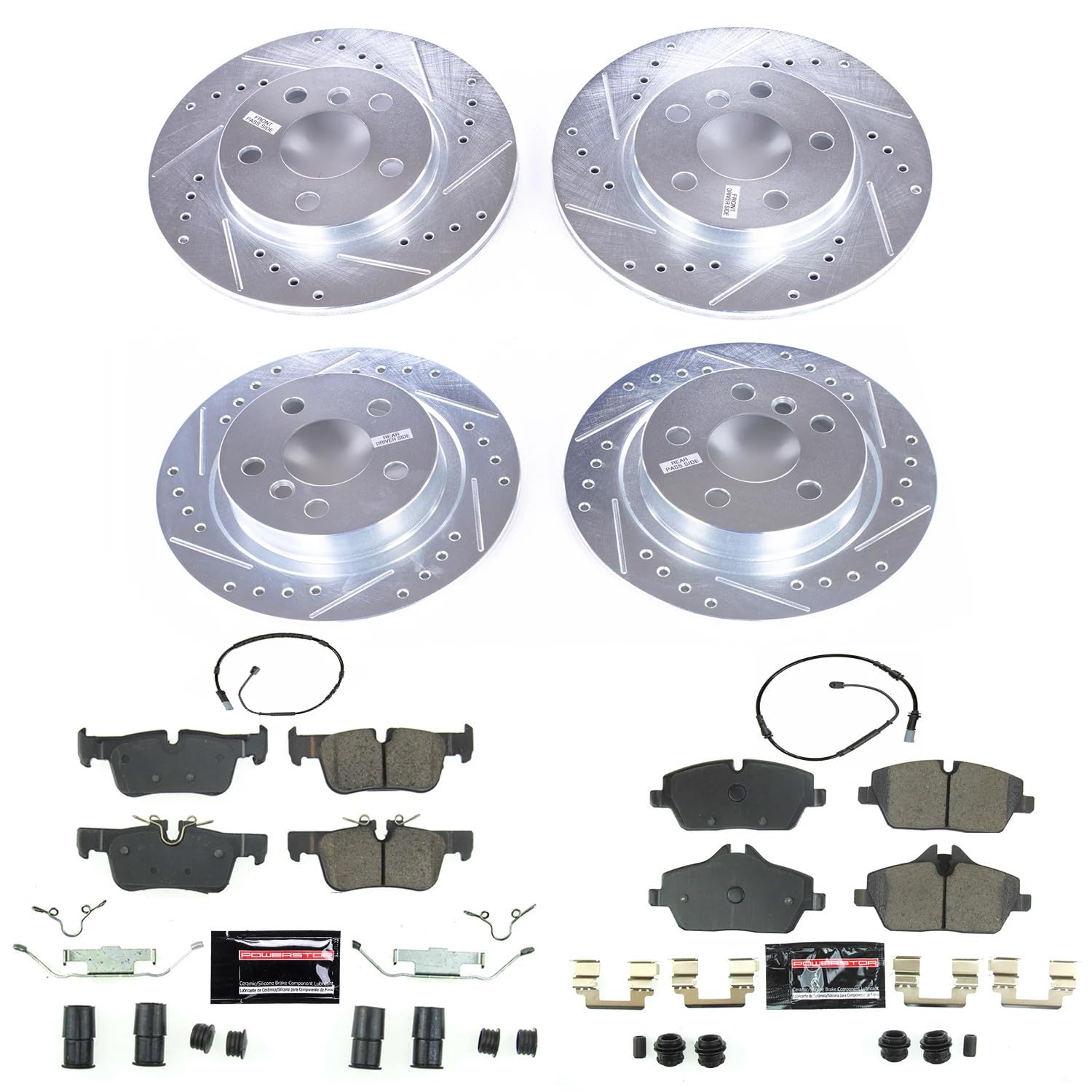 Power Stop K8113 Z23 Carbon Fiber Brake Pads Front and Rear with Drilled & Slotted Brake Rotors Kit and 1 Front & 1 Rear Sensor Wires