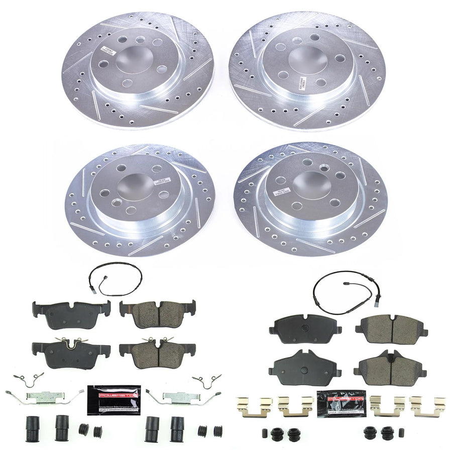 Power Stop K8113 Z23 Carbon Fiber Brake Pads Front and Rear with Drilled & Slotted Brake Rotors Kit and 1 Front & 1 Rear Sensor Wires