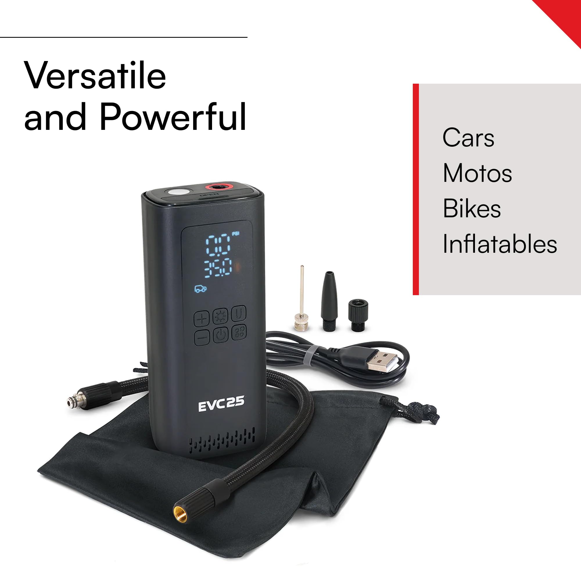 Every Vehicle Viair Carry EVC25 - rechargeable, portable compressor - LED gauge w/preset - Tire Inflator ideal for compact & mid-size cars, LT trucks, E-bikes, motorcycles & Inflatables