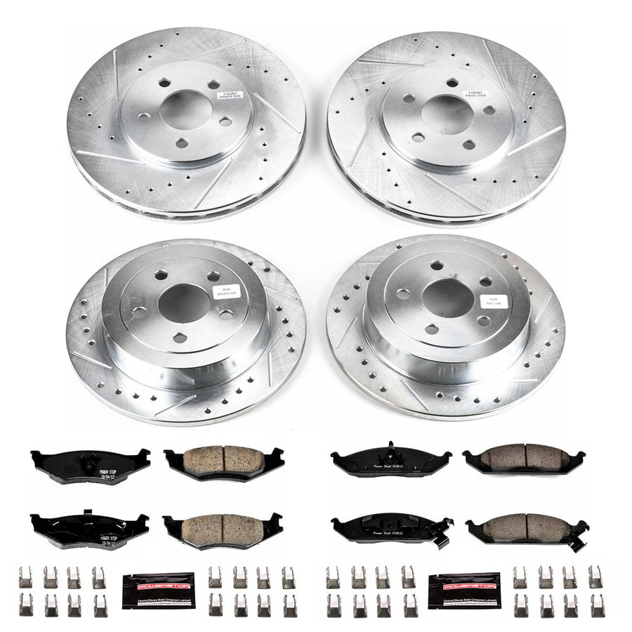 Power Stop K1680 Z23 Carbon Fiber Brake Pads Front and Rear with Drilled & Slotted Brake Rotors Kit For Dodge Stratus 1995-2000, Plymouth Breeze 1996-2000 [Model Specific]