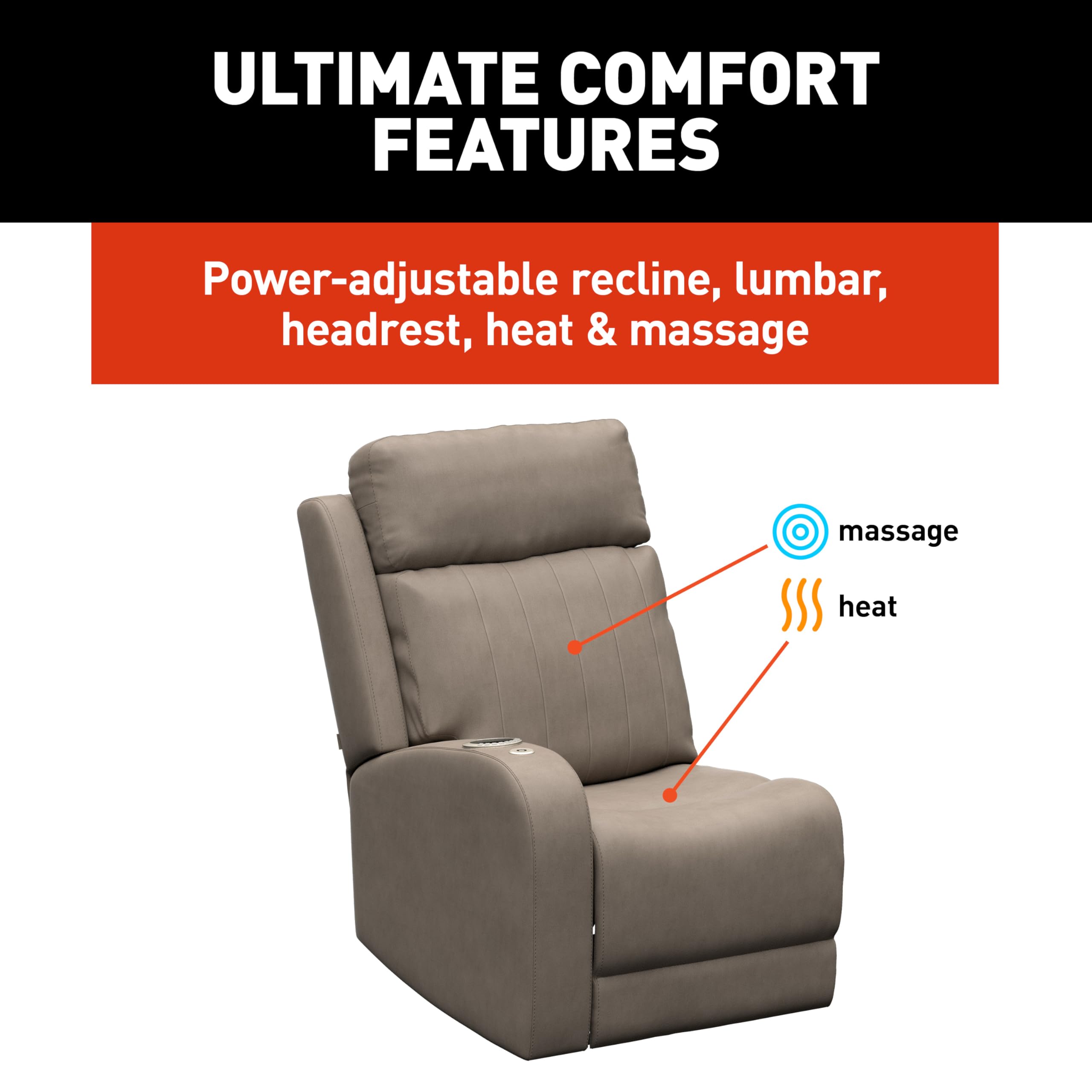 THOMAS PAYNE Driftwood Signature Seismic Series RV Theater Seating Right Arm Recliner with Power Adjustable Lumbar, Headrest, Reclining, Heating, Massage, Integrated Cupholder Controls - 2024044196