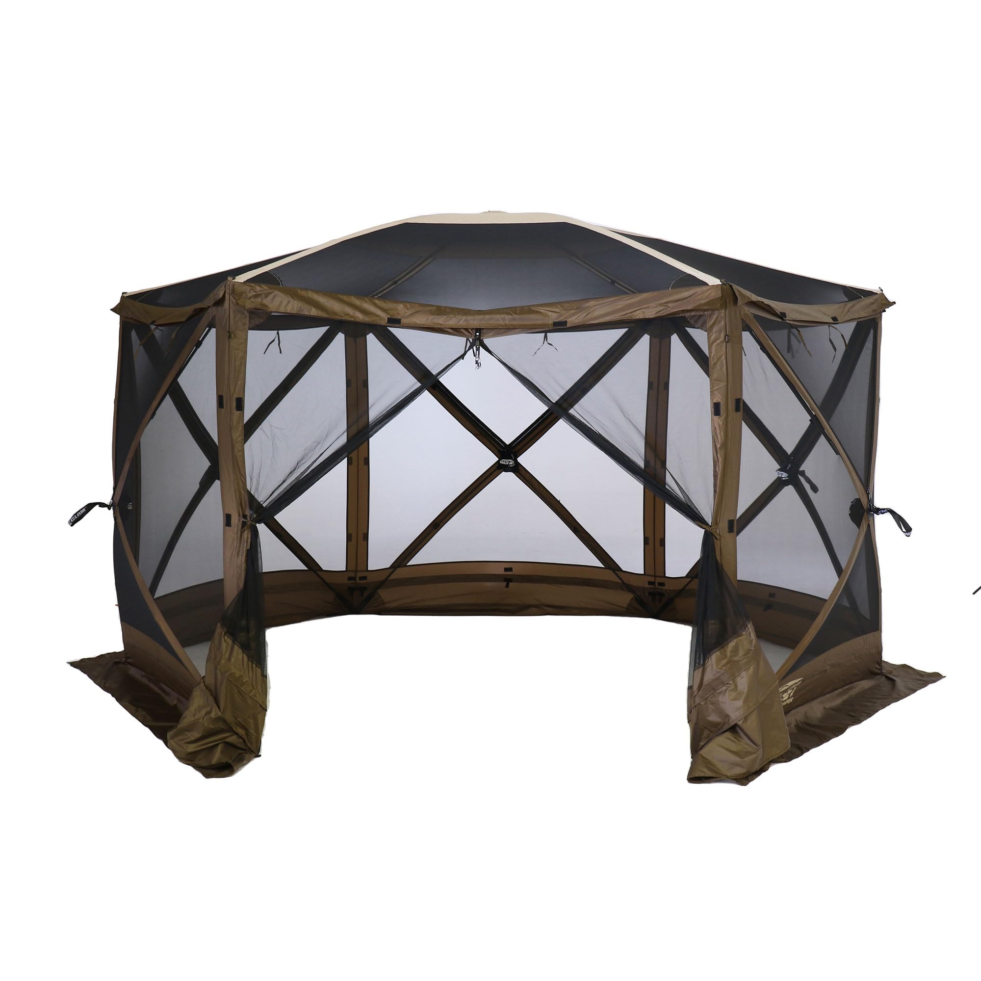 Quick-Set CLAM Escape Sky Camper 11.5’ x 11.5’ Pop-Up Outdoor Gazebo Instant Screen Tent 6-Sided Canopy Shelter w/Ground Stakes & Carry Bag, Brown