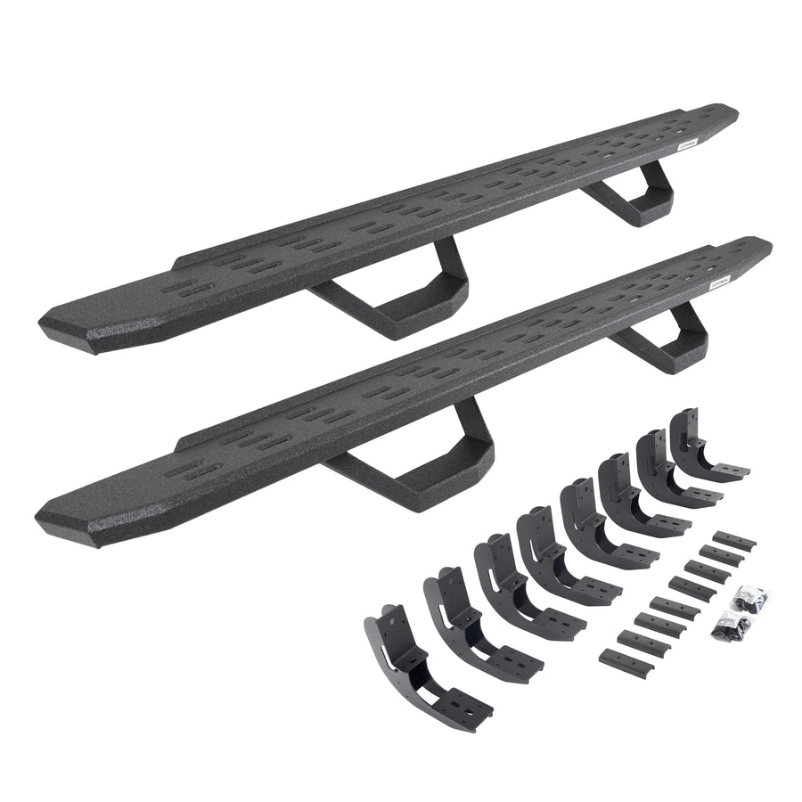 RB30 Running Boards, Go Rhino Brackets, & 2 Pair of Drop Steps | Galvanized Steel, Protective Bedliner Coating | 6960488020T | Fits 2019-2025 Chevrolet Silverado & GMC Sierra Double Cab (See Descr.)